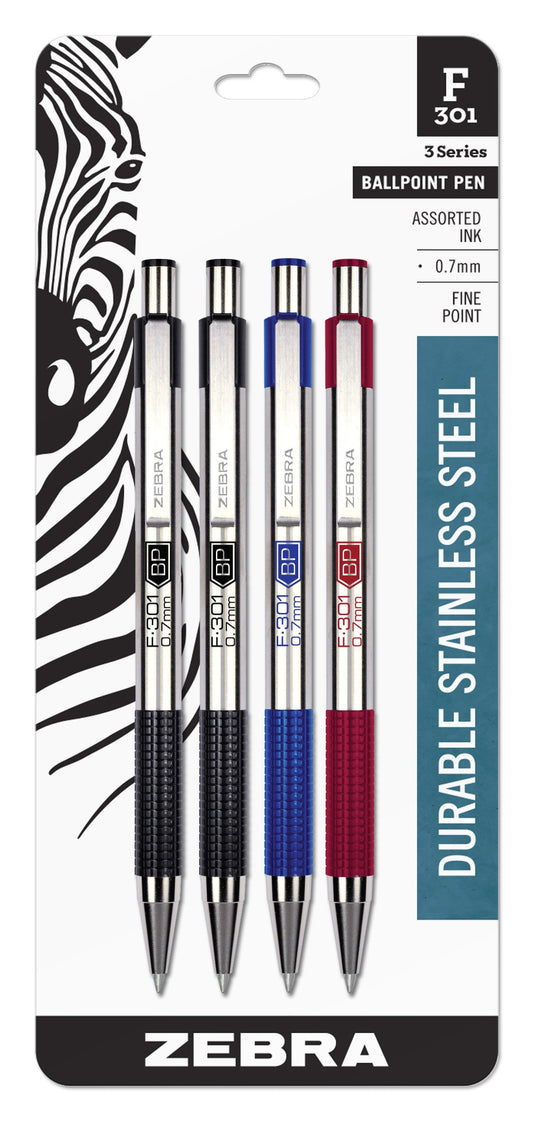 Zebra Pen F-301 STEEL Ballpoint Pen, Black/Blue/Red Ink, 0.7mm, 4-Pack