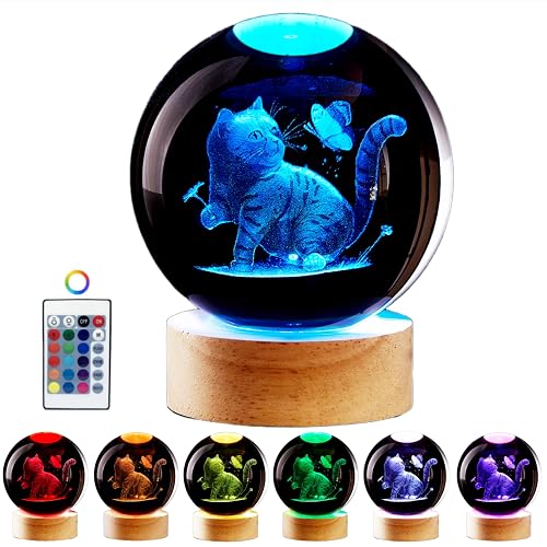 LMLOBEP Large Cat Crystal Ball Night Light with Wooden Base, 3D Cat Crystal Lamp, 16 Color Changing, Remote Control, Laser Engraved Glass Ball Lamp