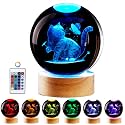 LMLOBEP Large Cat Crystal Ball Night Light with Wooden Base, 3D Cat Crystal Lamp, 16 Color Changing, Remote Control, Laser Engraved Glass Ball Lamp