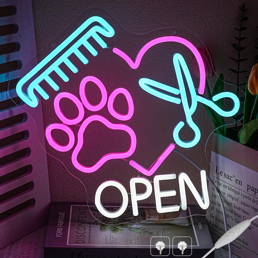 Pet Shop Open Neon Sign Paw Neon Light for Wall Decor, Dimmable Colorful Pet Grooming Salon Open LED Sign for Pet Shop,Pet Hospital,Pet Salon Store