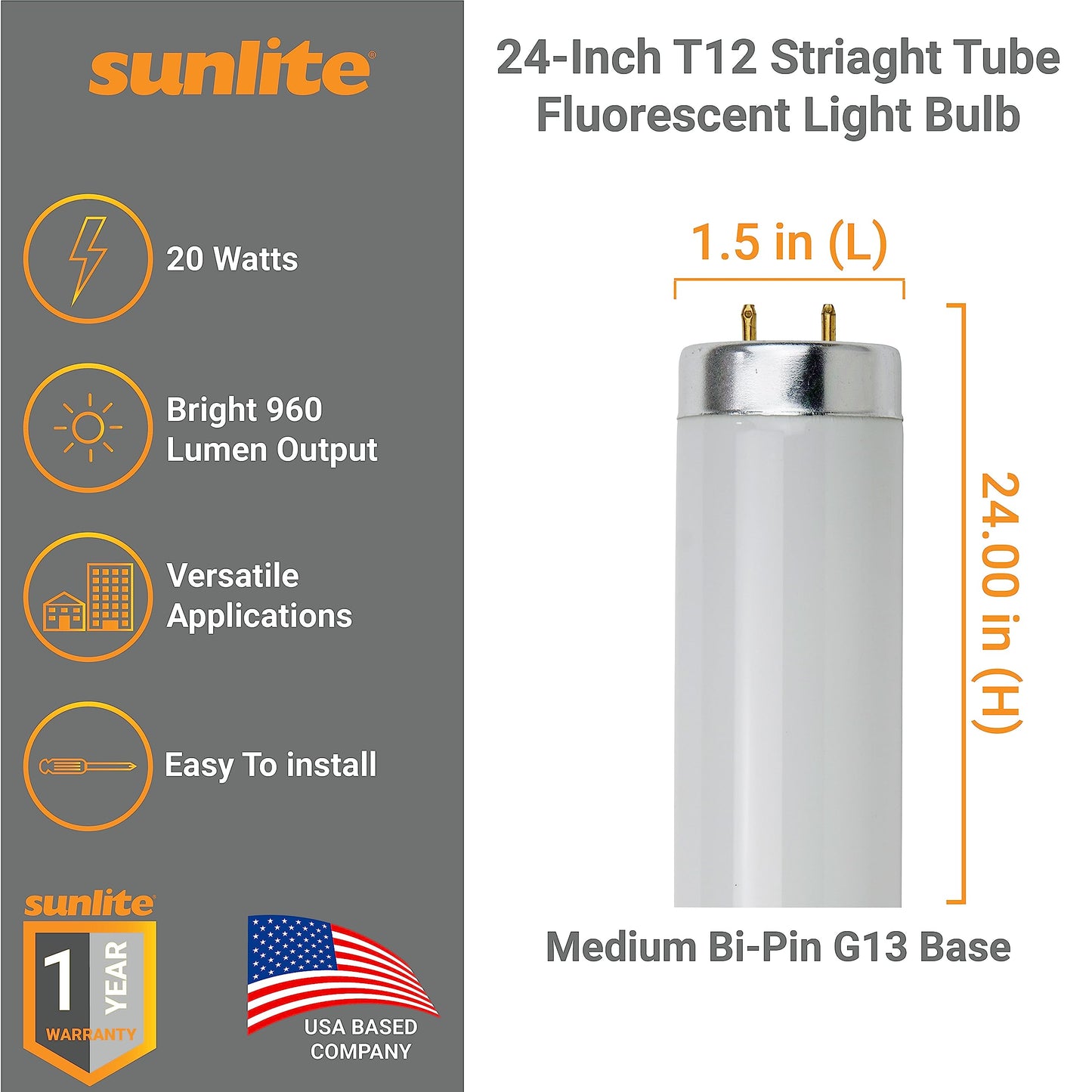 Sunlite 30015 F20T12/DL 24-Inch T12 Straight Tube Fluorescent Lamp, 20 Watts, 960 Lumens, 6500K Daylight, Medium Bi-Pin G13 Base, 30 Pack