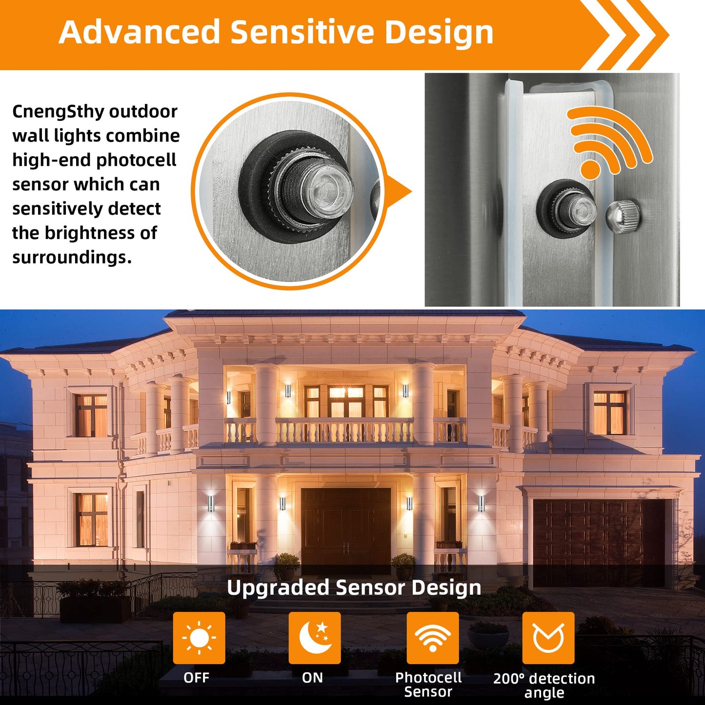 Outdoor Wall Lights, Exterior Dusk to Dawn Sensor Wall Lanterns, Stainless Steel Front Door Lights with E26 Base Socket, Anti-Rust Waterproof Up Down