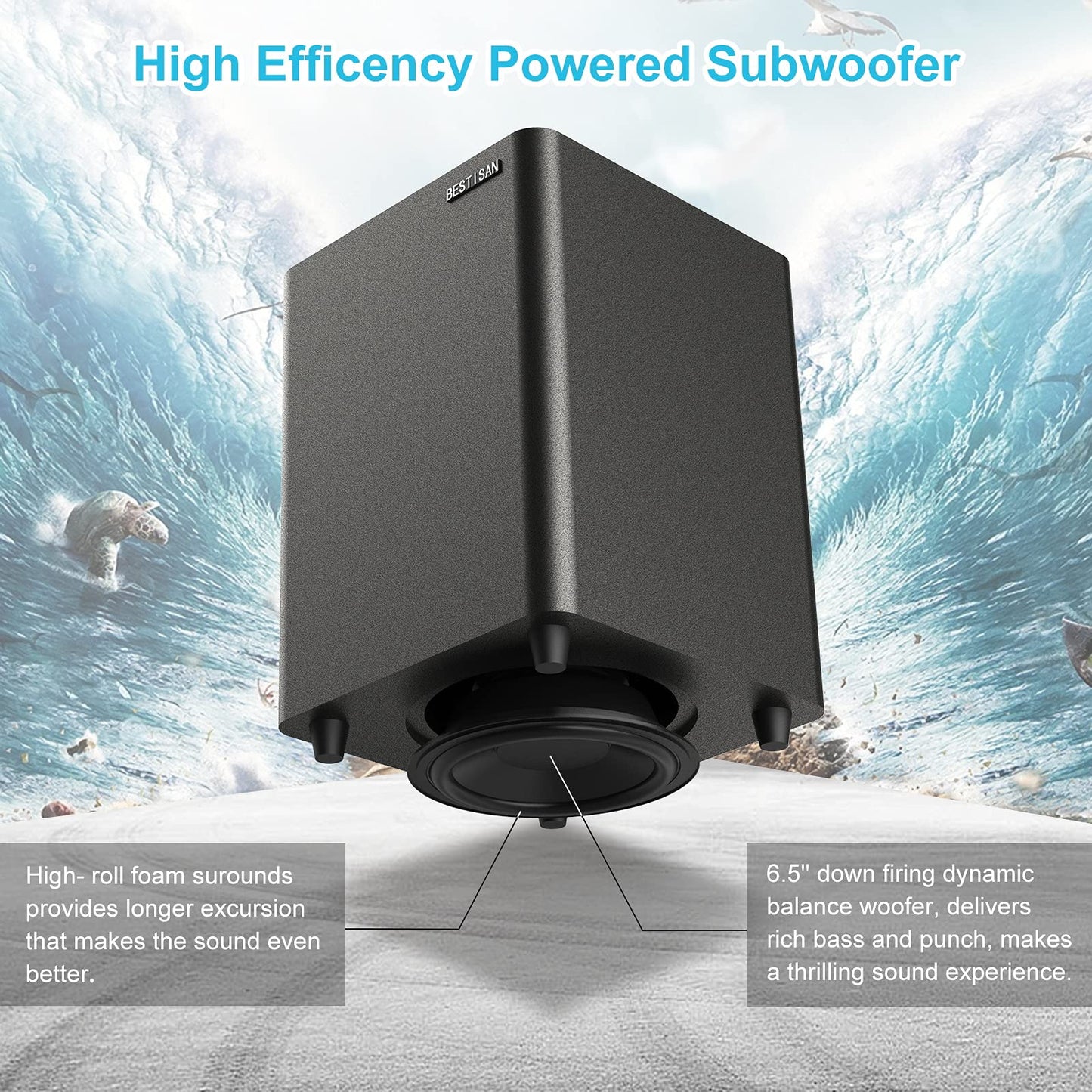 BESTISAN Powered Subwoofer, Deep Bass Sub, Down Firing Subs, Easy Setup with Home Theater System, Receiver, Speakers, Coaxial Cable Included, RCA
