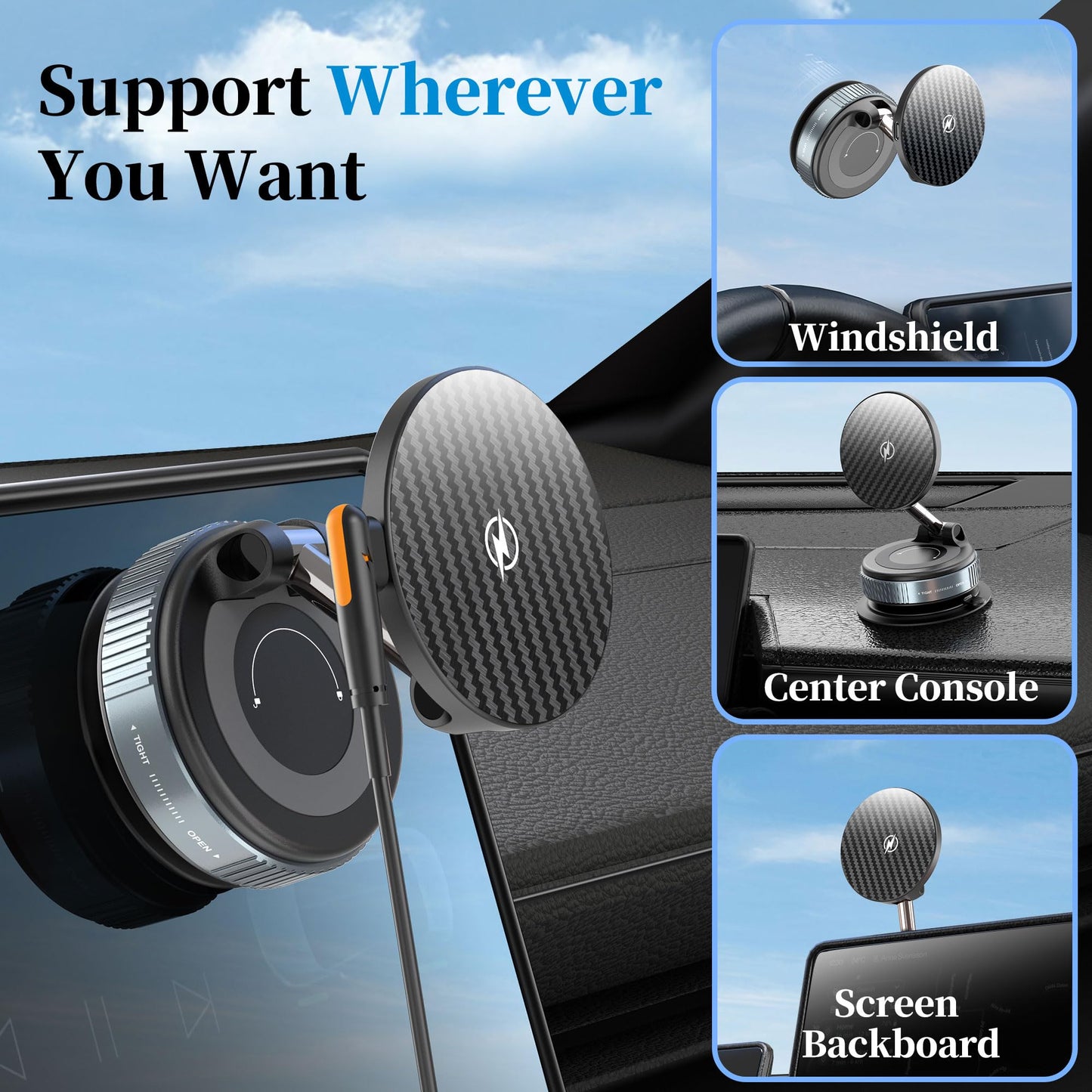 PlusAcc Vacuum Magnetic Phone Holder for Car, Suction Cup Phone Mount for MagSafe, 360°Rotatable Strong Magnet Stand for iPhone 16/15/14/13 in Smooth