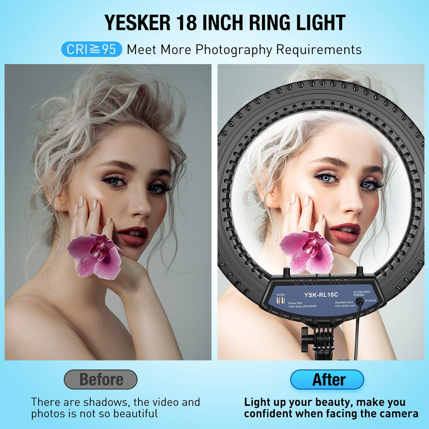 Yesker Ring Light 18 Inch with Stand Tripod Big Selfie Ringlight Adjustable 6000K Dimmable LED Portable Professional Ring Lights Kit Phone Holder