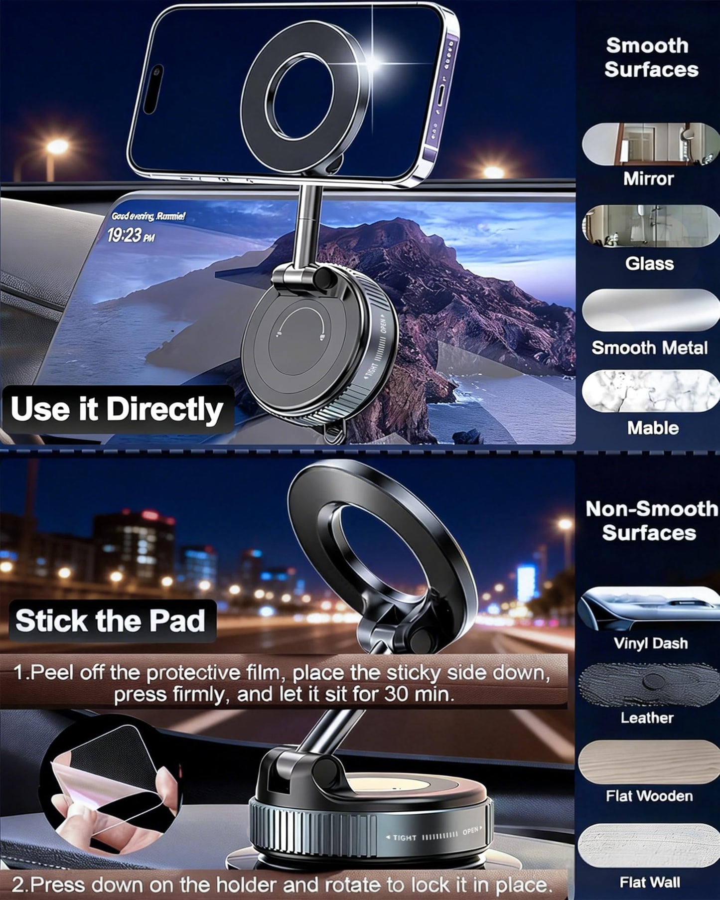 MARUVI Vacuum Magnetic Phone Holder for Car,2800gf Strong Magnetic Phone Mount,360° Adjustable & Reinforced Suction Cup for Dashboard/Mirror,Car Phone