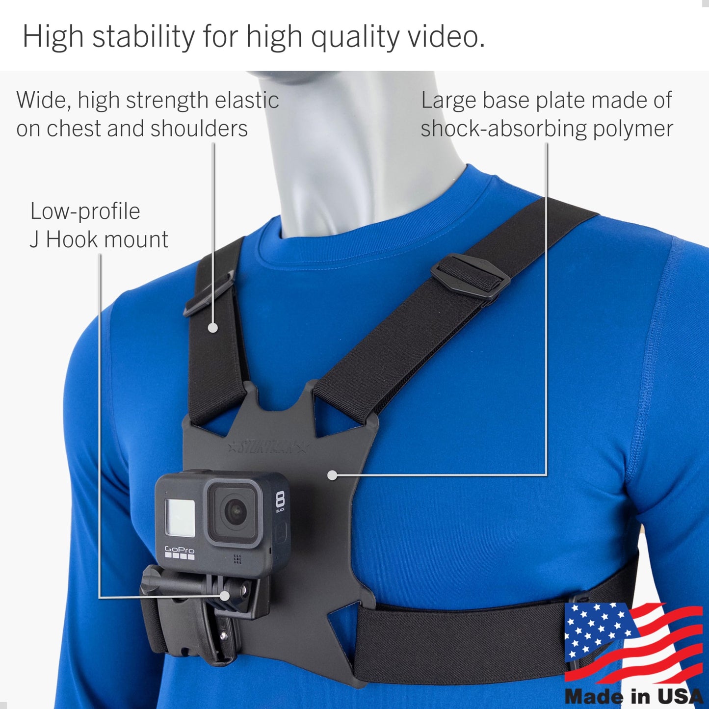 STUNTMAN High Stability Chest Mount with J Hook for Action Cameras - Fits GoPro, DJI Osmo (Action 5 Pro, 4, 3, 2), Insta360 (Ace Pro, Ace, ONE RS, ONE