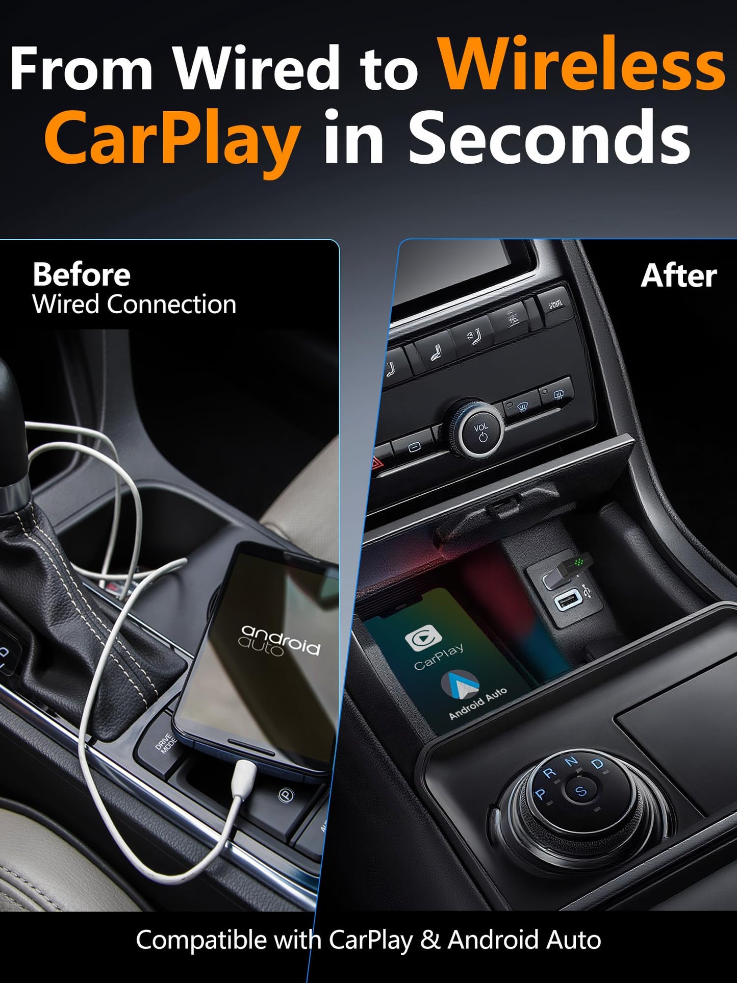 2-in-1 Mini Wireless CarPlay Adapter for Apple CarPlay & Android Auto,Upgrade Wired to Wireless, Fast Auto-Connect, Plug & Play (iOS 10+, Android 10+