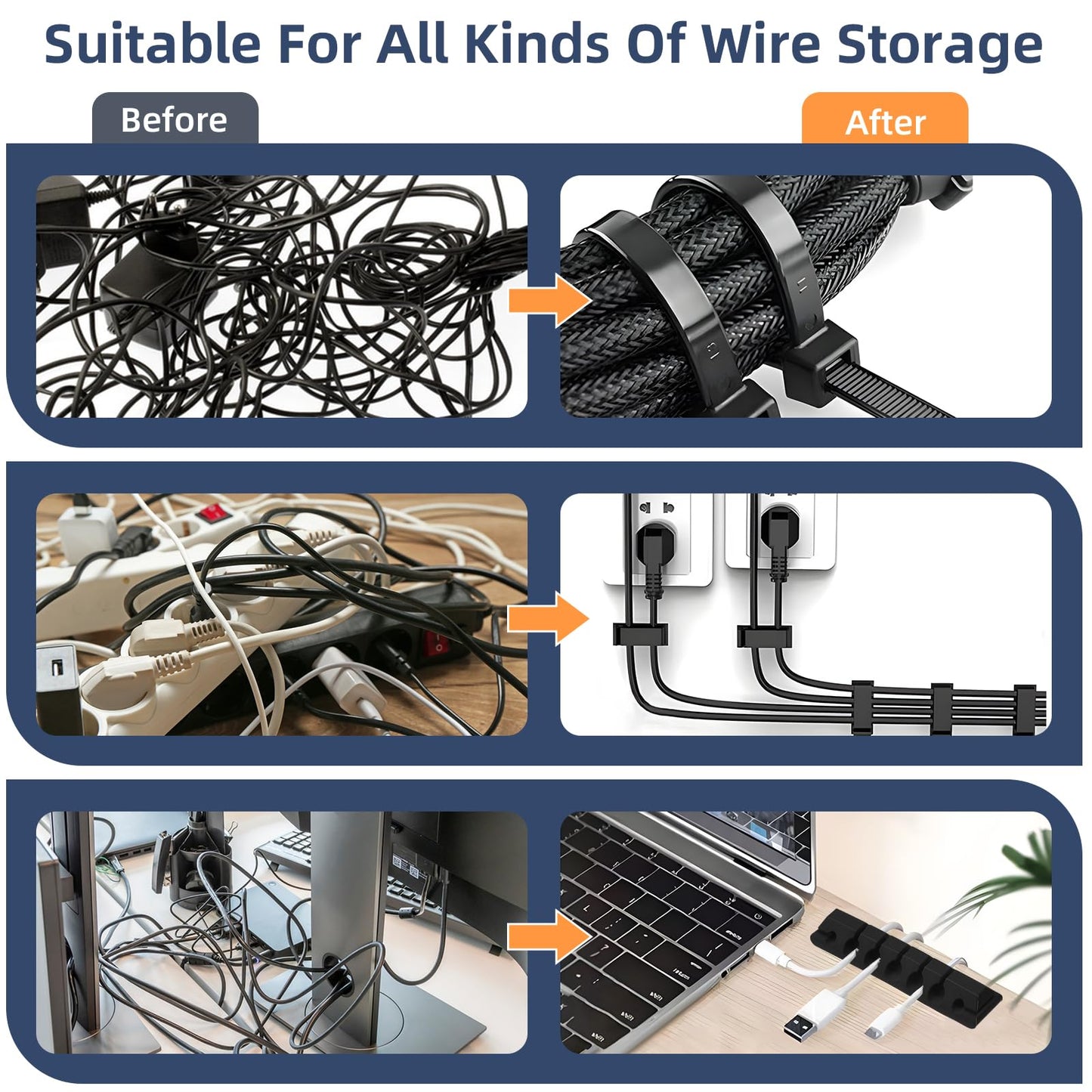 319pcs Cable Management Organizer Kit, Desk Cord Organizer, 98 Adhesive Cable Clips Holder, 17 Reusable Cable Strap, 4 Cable Sleeve Split, and 200