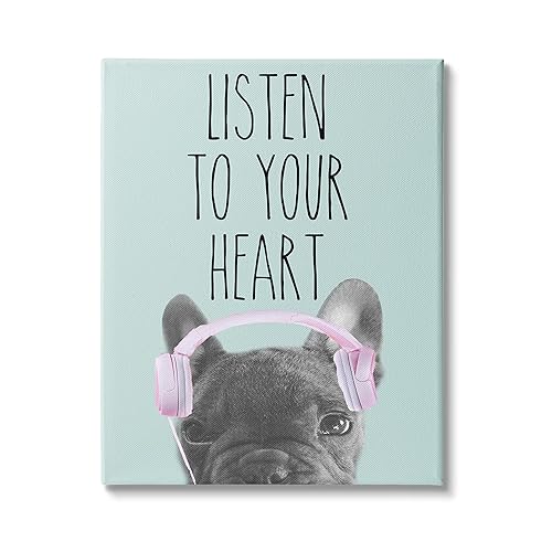Stupell Industries Listen to Your Heart Phrase Headphones French Bulldog, Design by Sd Graphics Studio Canvas Wall Art, 30 x 40, Blue