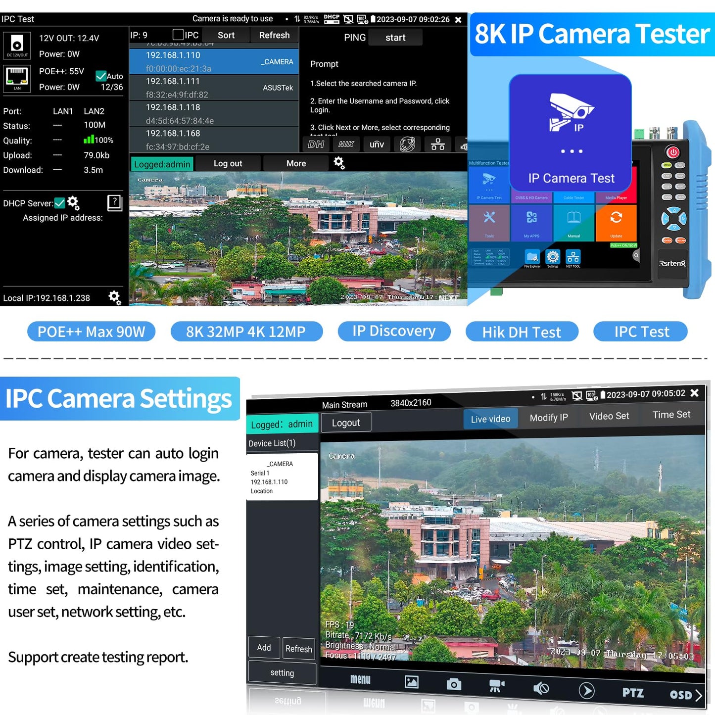 Rsrteng CCTV Camera Tester, 8K 32MP IP Camera Tester with POE++ Max 90W 8MP CVI TVI AHD SDI CVBS Camera Tester 7inch IPS Touch Screen CCTV Tester