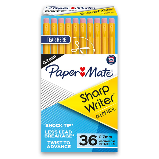 Paper Mate SharpWriter Mechanical Pencils, 0.7 mm #2 Pencil Lead, Yellow, 36 Count - Back to School Supplies