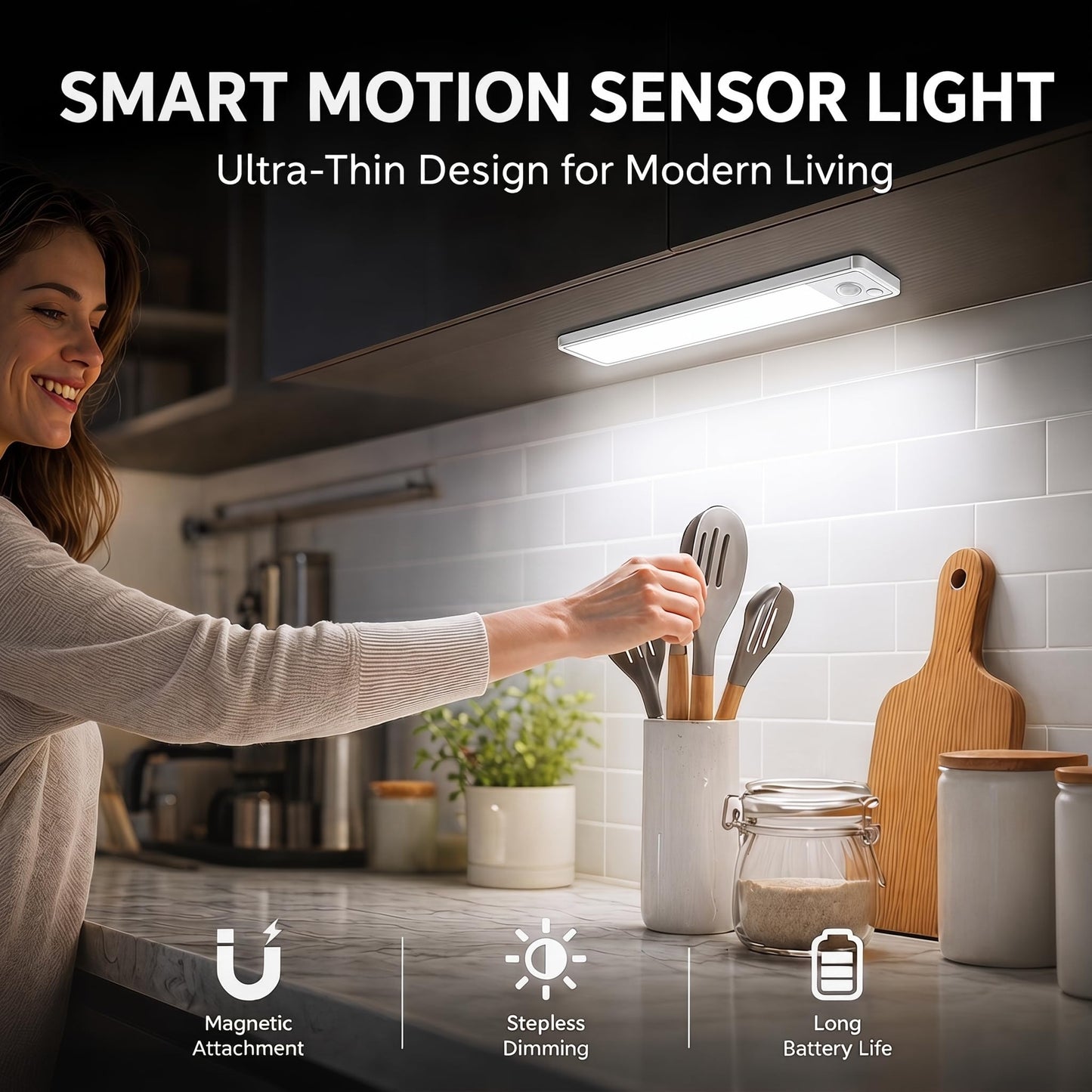 Under Cabinet Motion Sensor Lighting: Dimmable Rechargeable Lights Indoor - Battery Operated Lights - Undercabinet Wireless Closet Light Magnetic Led