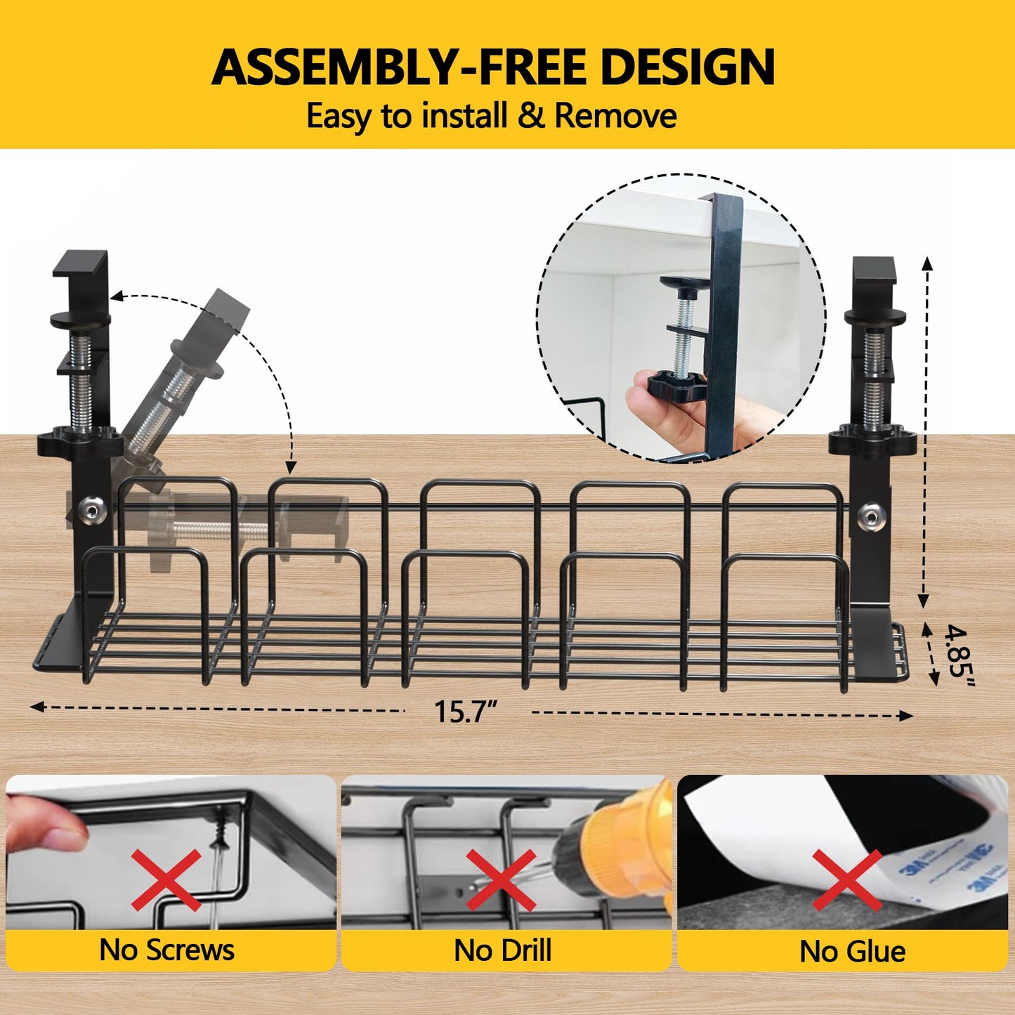 MAXTBEE Under Desk Cable Management Tray,15.7” No Drill Cord Organizer with Clamps for Wire Management,4MM Under Desk Cable Management Tray for Home