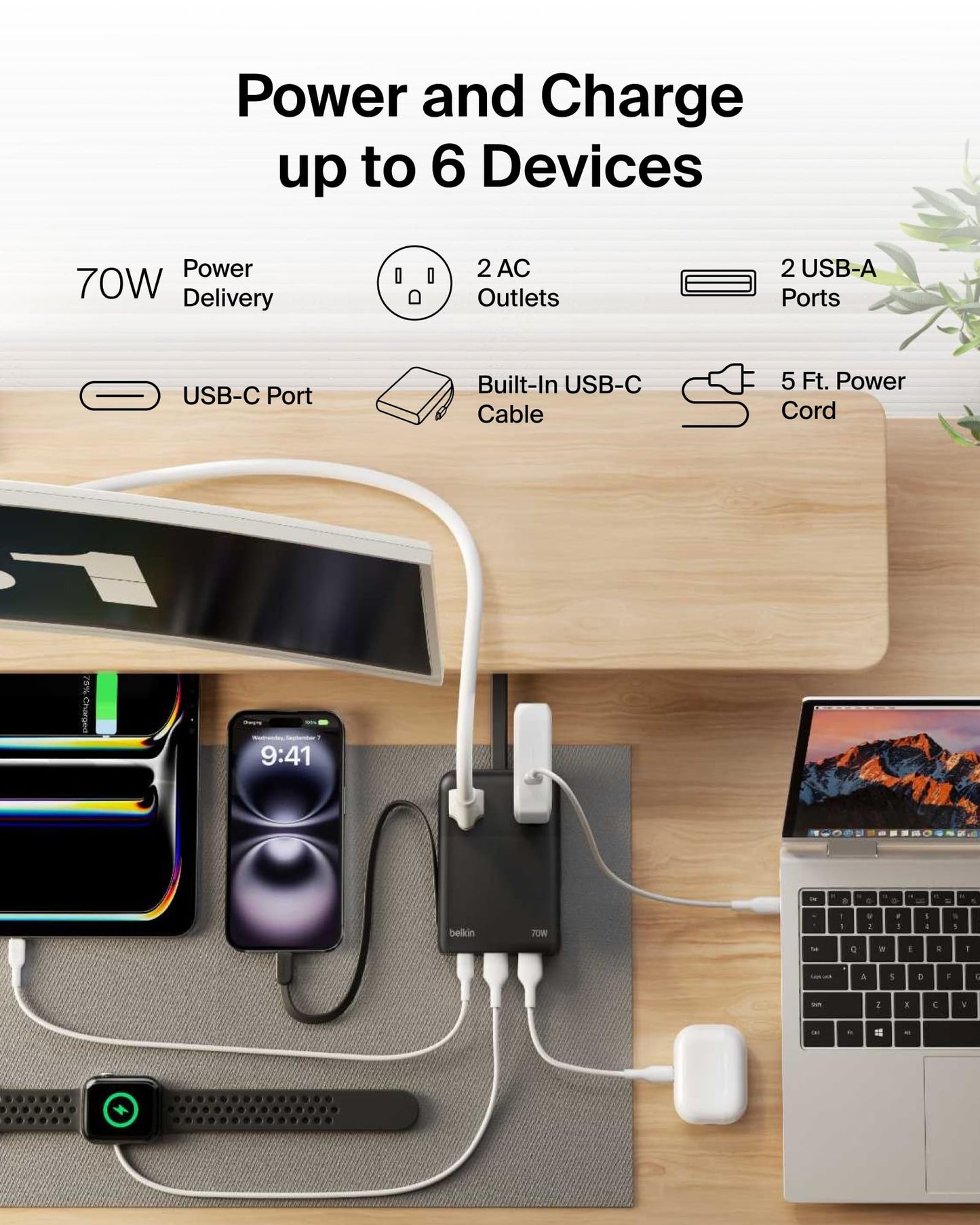 Belkin Travel Power Strip 70W, 6-in-1 GaN Charging Station USB C Charger w/ 2 AC Outlets, 2 USB A Ports, Integrated USB C Cable - Power Strip