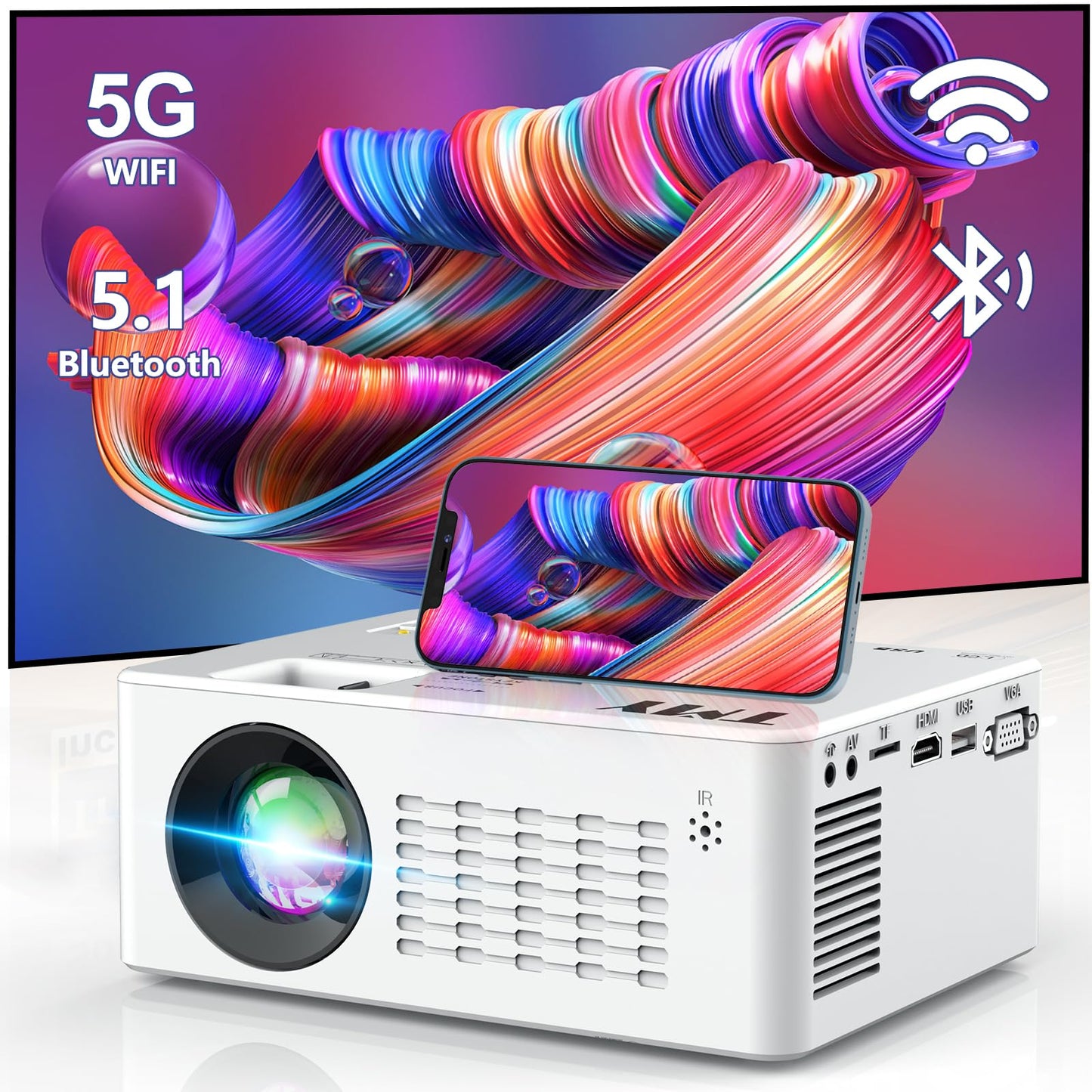 TMY WiFi Projector with Bluetooth 5.1, 1080P Supported Mini Movie Projector, Compatible with TV Stick, Phone, Computer, HDMI, USB, TF