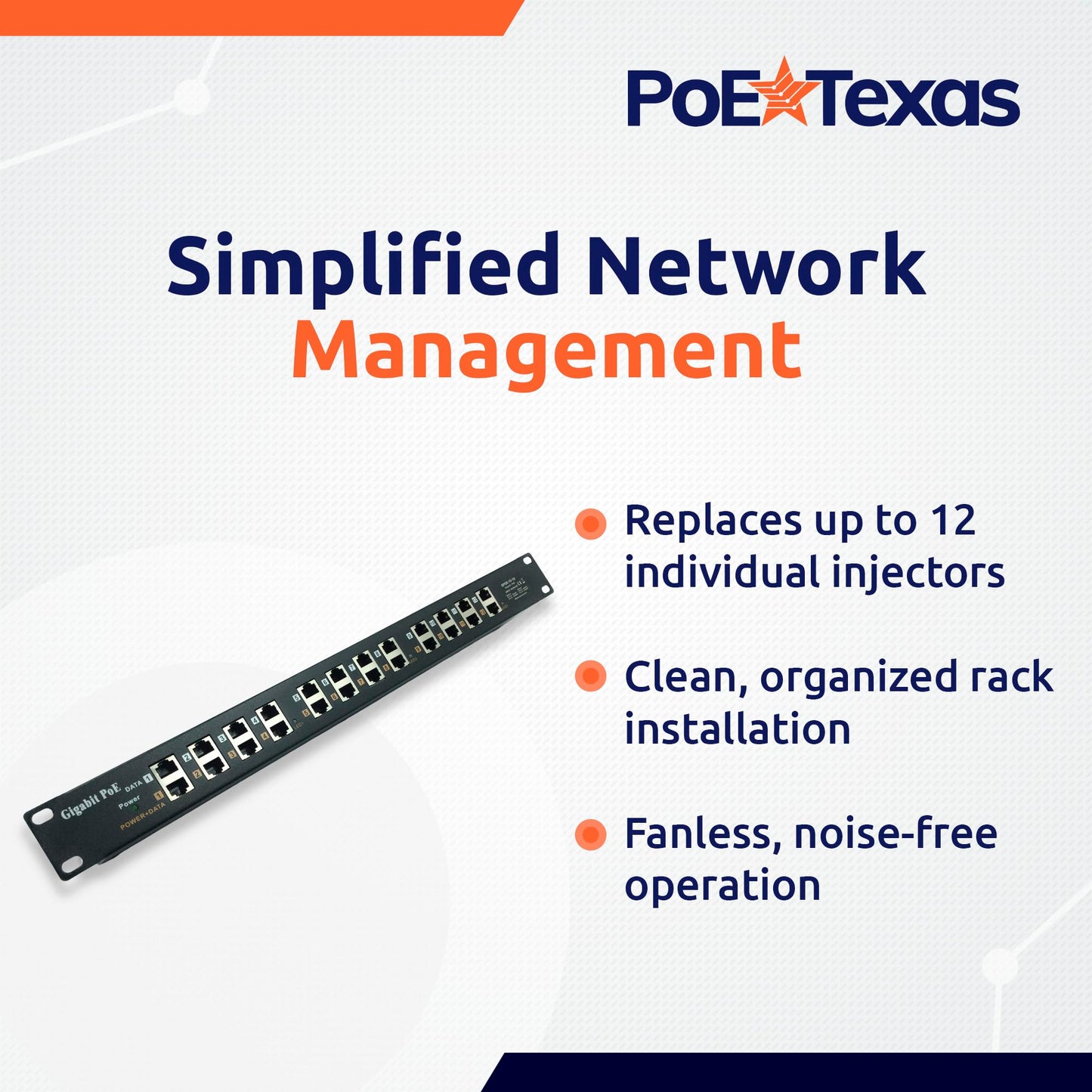 PoE Texas 12 Port Gigabit PoE Injector - Passive Power Over Ethernet Midspan Injector with 48 Volt 60 Watt Power Supply for 802.3af/at Devices - Mode