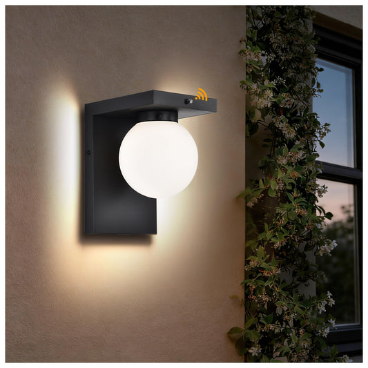 Black Exterior Light Fixture, Dusk to Dawn LED Outdoor Wall Light, 12W Integrated LED Modern Farmhouse Sconce with Frosted Glass Globe Shade