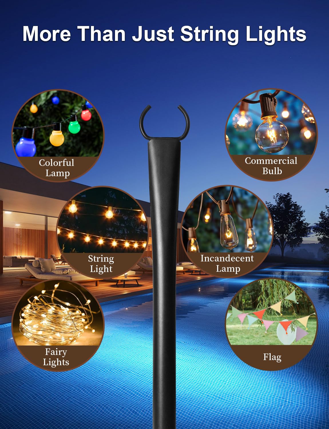 4 Pack String Light Poles for Deck, 5Ft Upgraded Heavy-Duty Metal Deck Light Poles for Outside with Fixing Clips, Lighting Hanging Post Accessories