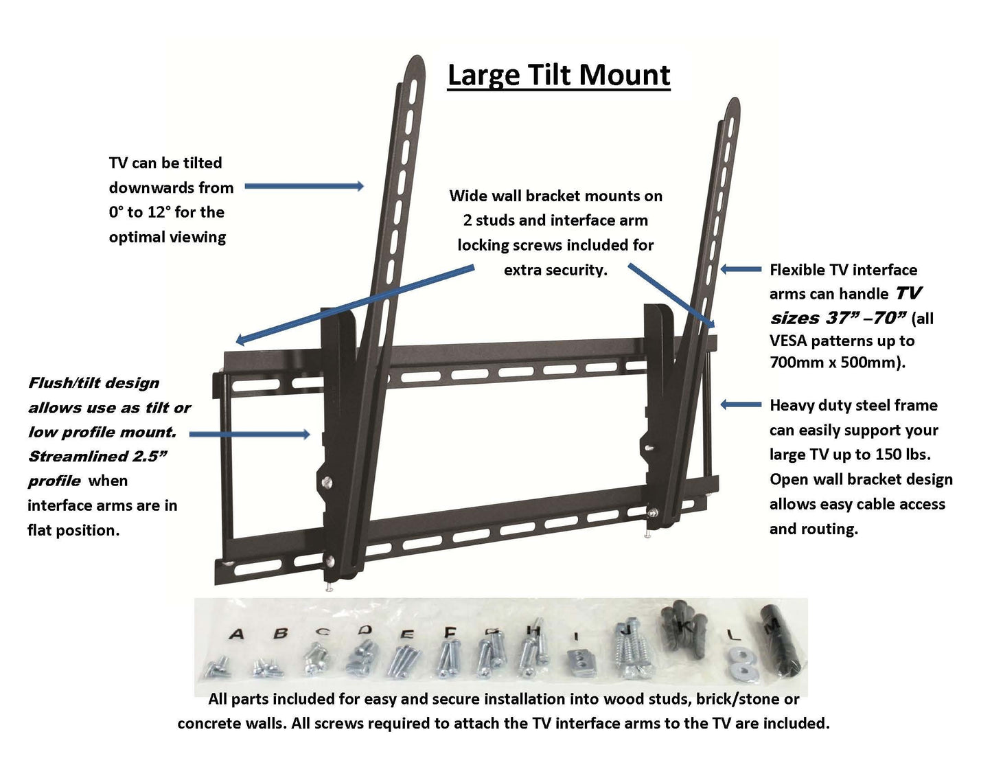 Rocelco LTM Large Tilt TV Mount for TV, Fits 37" to 70" up to 150 lbs (Black)