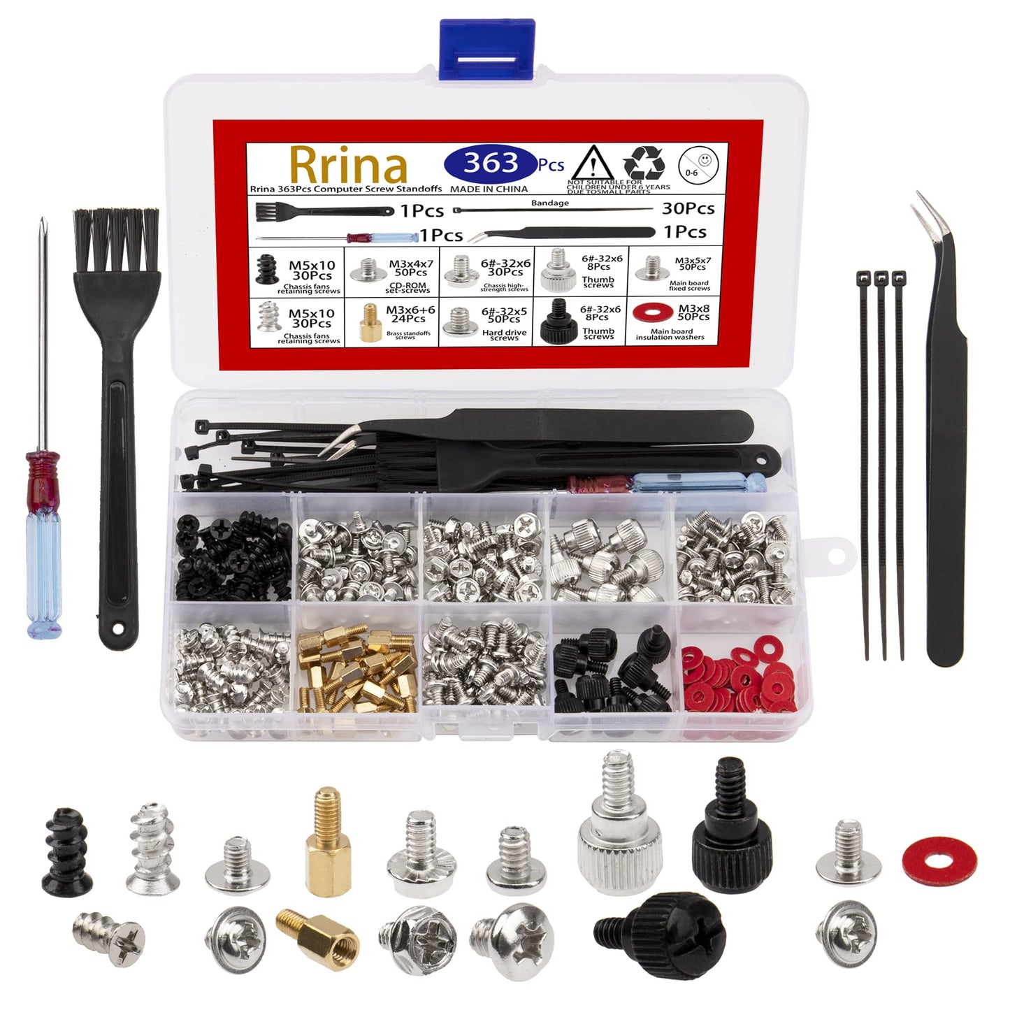 Rrina 363Pcs Computer Screw Standoffs Assortment Kit for 2.5in SSD Hard Drive Computer Case Motherboard Fan Power Graphics
