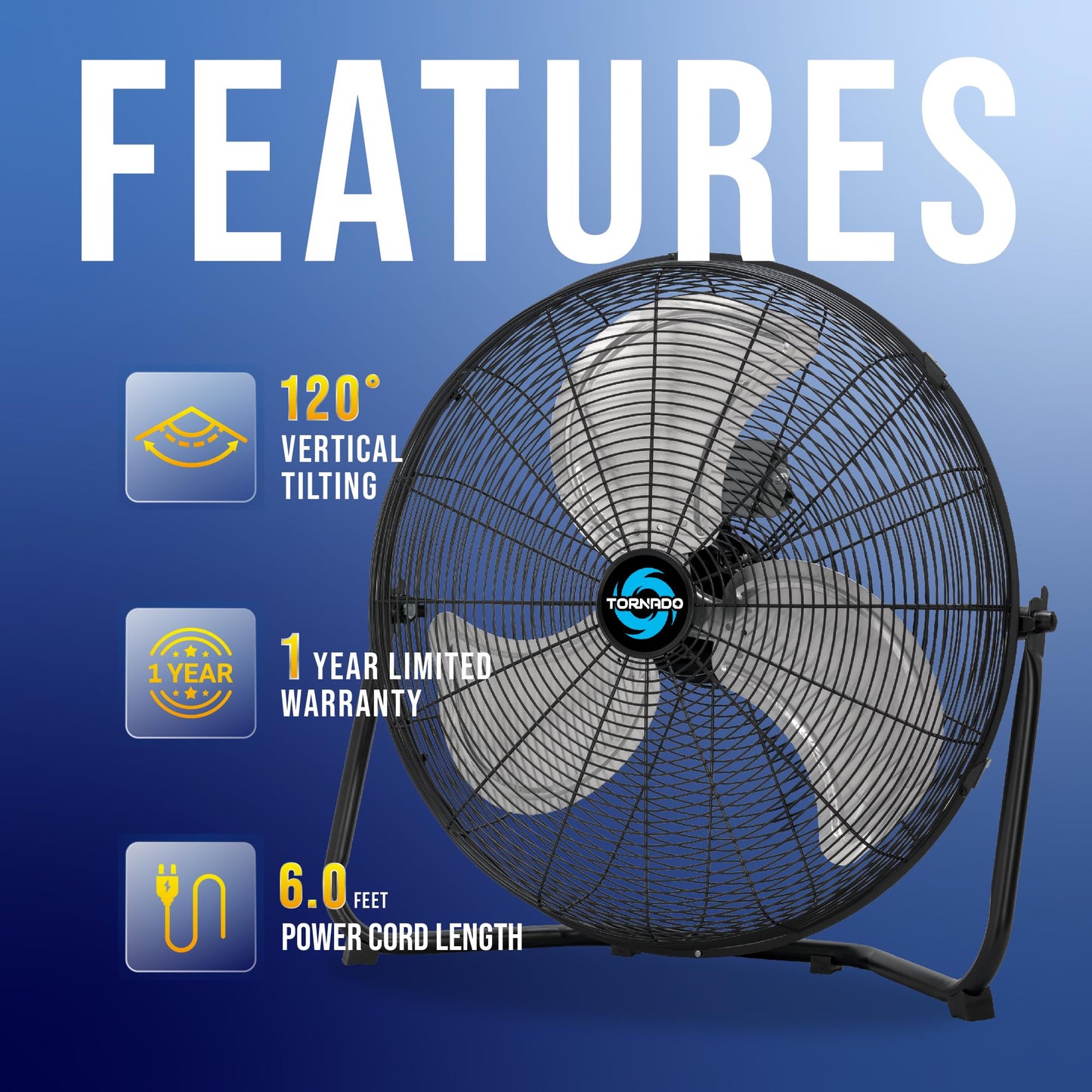 Tornado 20 Inch High Velocity Metal Floor Fan, 3-Speed Powerful Cooling for Industrial, Commercial, and Home Spaces, 120°Tilt, 6.0 FT Cord - UL safety