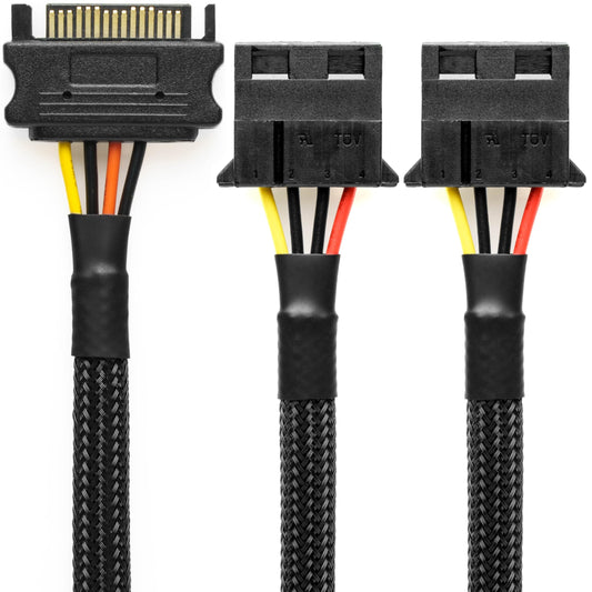 CRJ 12-inch (30cm) SATA to Dual Molex Power Adapter Cable - Black Sleeved, Power Two Peripheral Devices with a 15-Pin SATA Connection
