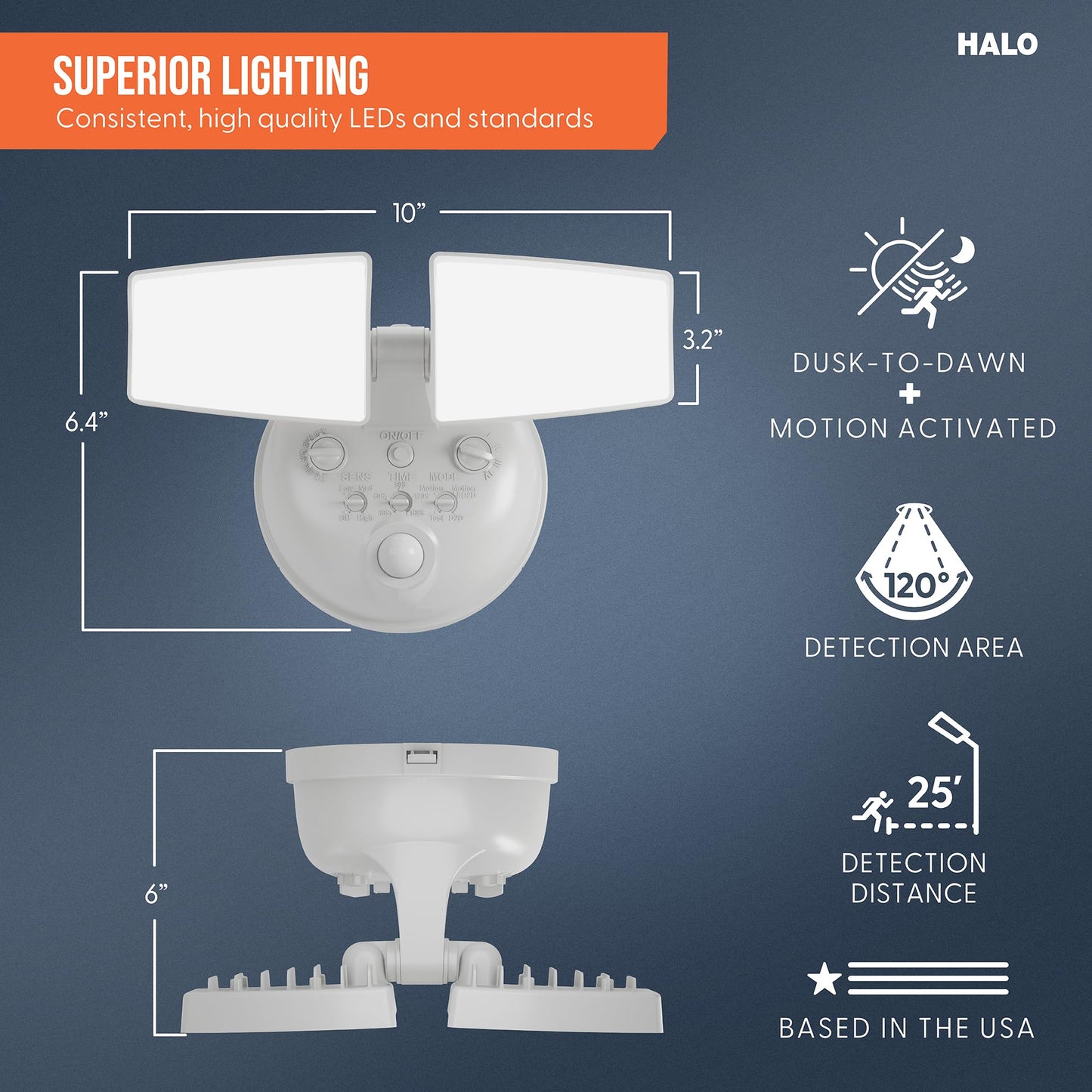 HALO Next Gen Battery-Powered LED Security Floodlight, 2 Head w/Motion Sensing, Dusk to Dawn, 2-Pack, Adjustable Brightness - White
