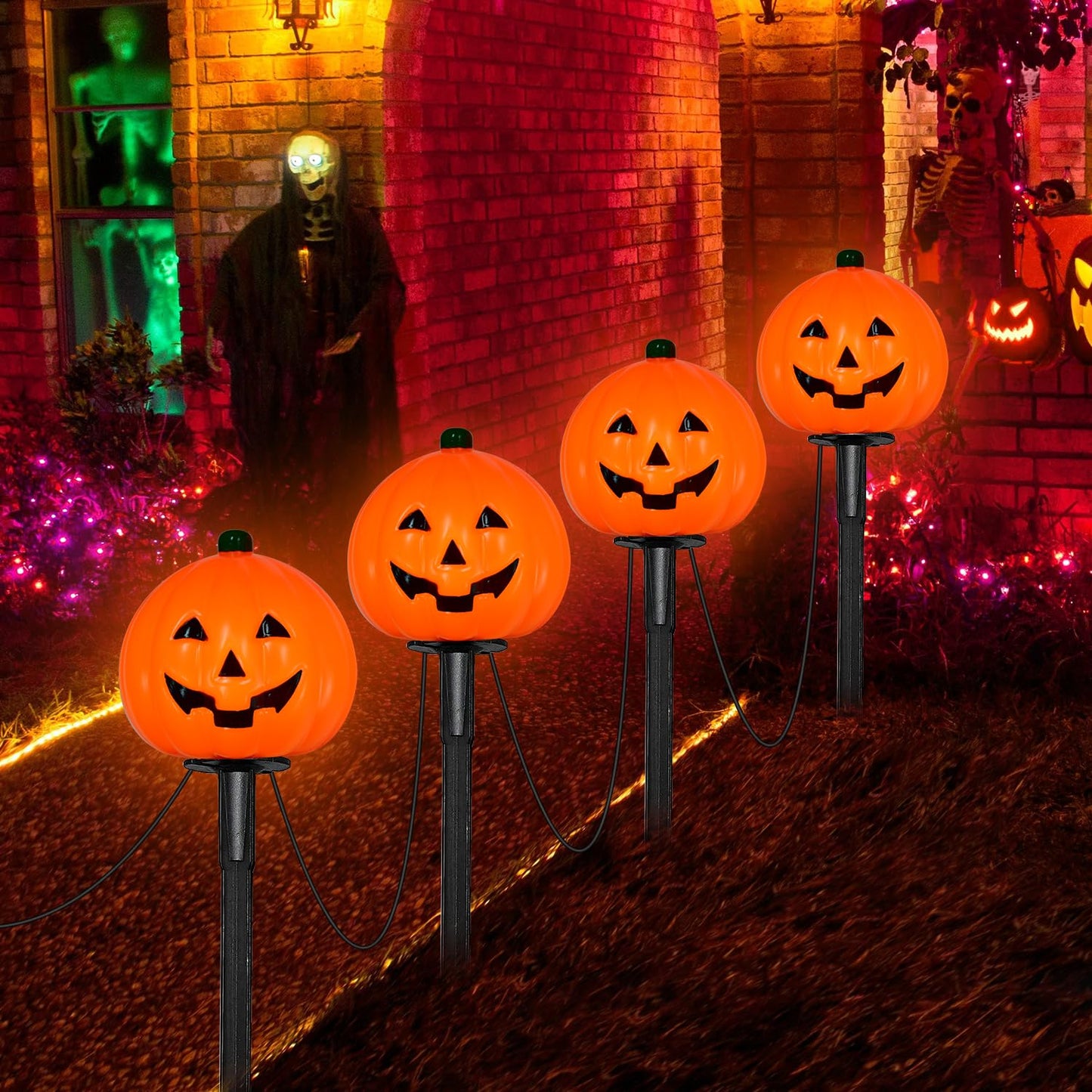 7Ft Halloween Decorations Pathway Lights Outdoor Pumpkin Stake Lights with 4 Jack-O Lantern Pumpkin Lights, 5 C7 LED Bulbs(1 Spare) and 4 Stakes