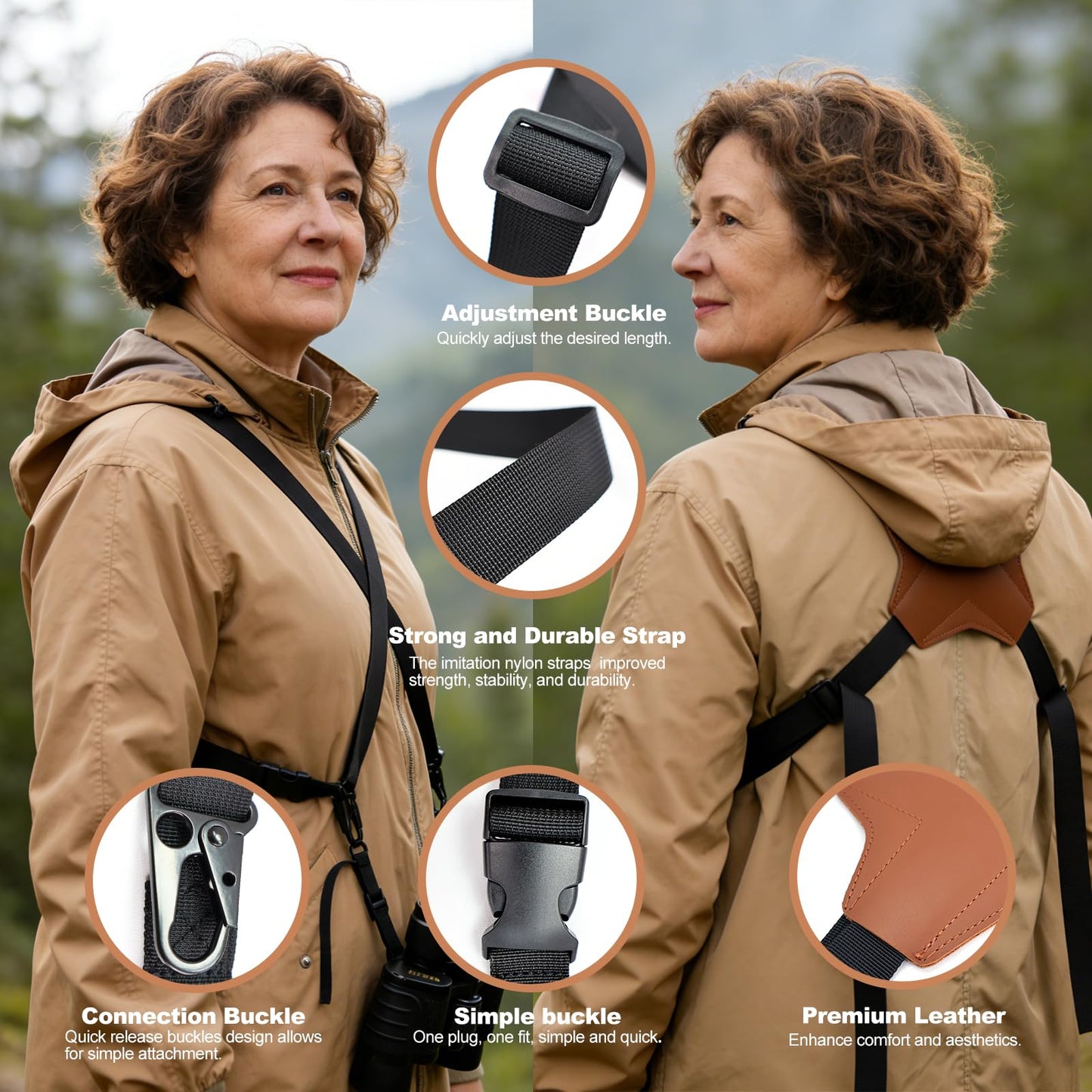 HTtoy Binocular Harness Strap, Adjustable X-Shaped for Hunting, Hiking & Birding, Bino Harness Fits for Carrying Binocular, Cameras, and More