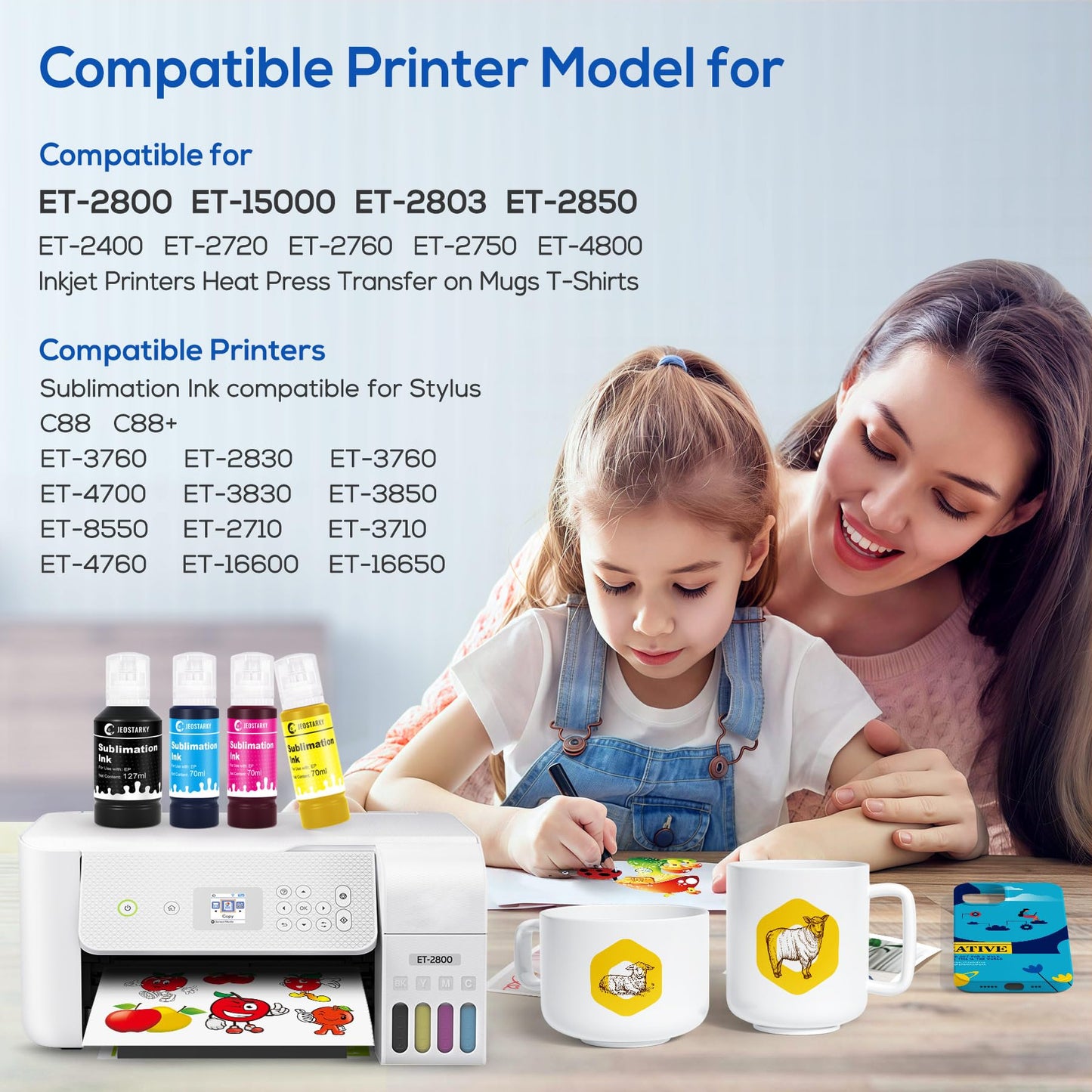 Sublimation Ink Refill Bottles Compatible for Epson Printers ET2800 ET2400 ET4800 ET15000 ET8550 ET2850 ET2803 ET3830 ET3850 ET4850 ET5800 Heat Press