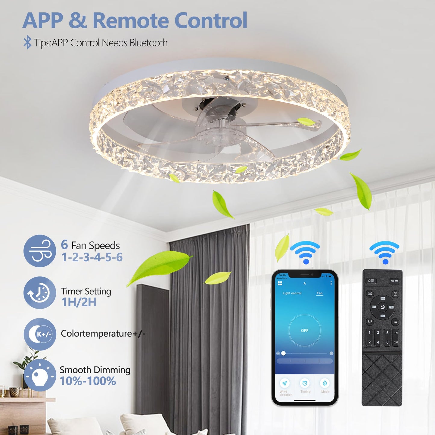 YIHANTLZ Crystal Ceiling Fan Light with Reversible Blades, 3-Speed Quiet Motor, Remote Control & Timer, Integrated LED Lighting for Bedroom, Living