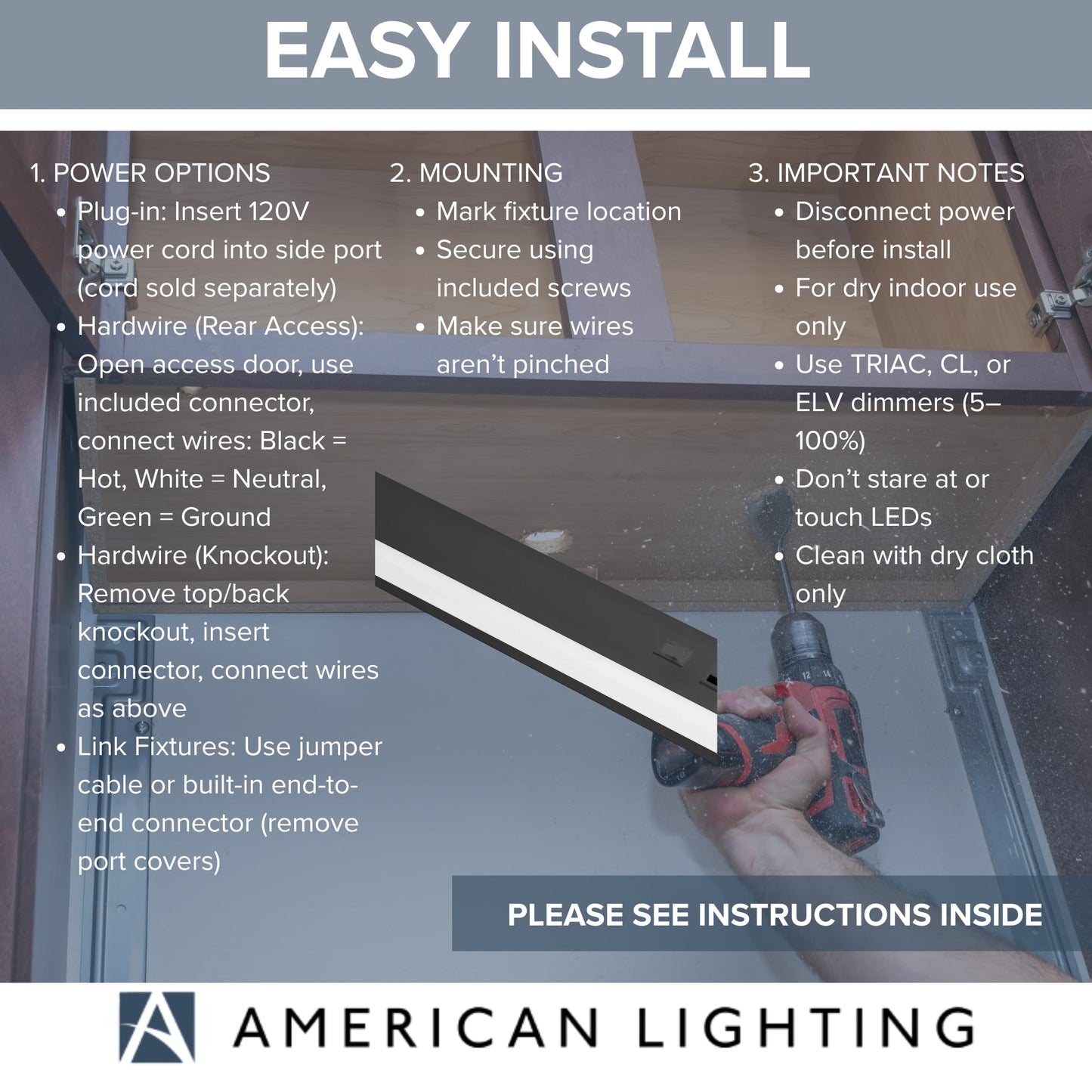 American Lighting LED Courant Plus Undercabinet Light 24 Inch 5CCT 90+ CRI 1200 Lumens with USB-A USB-C and 20A Receptacles Black Finish Title 24