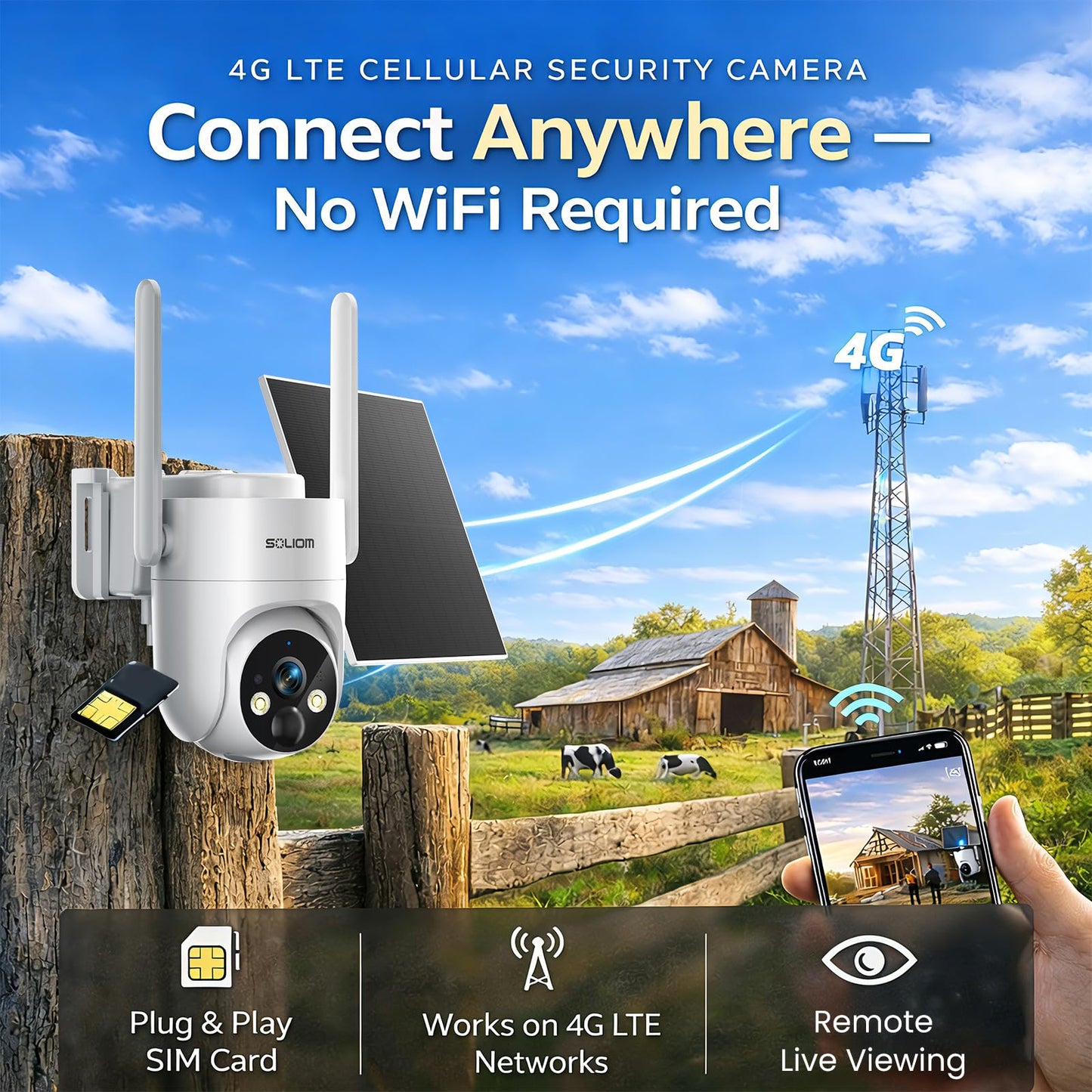 SOLIOM 4G LTE Cellular Security Camera, No WiFi Security Camera for Remote Areas, Solar Powered Wireless Outdoor Camera, 2K Color Night Vision, 360°