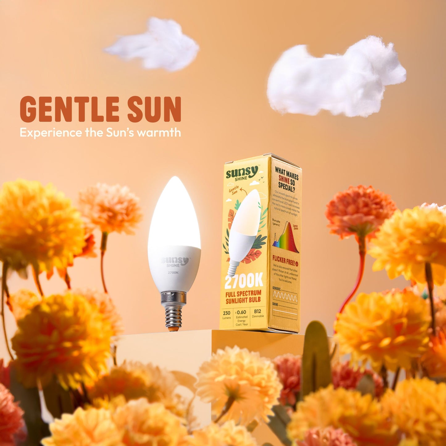 sunsy Shine B12 Candelabra LED, 2700K Soft White, CRI 97, Flicker-Free