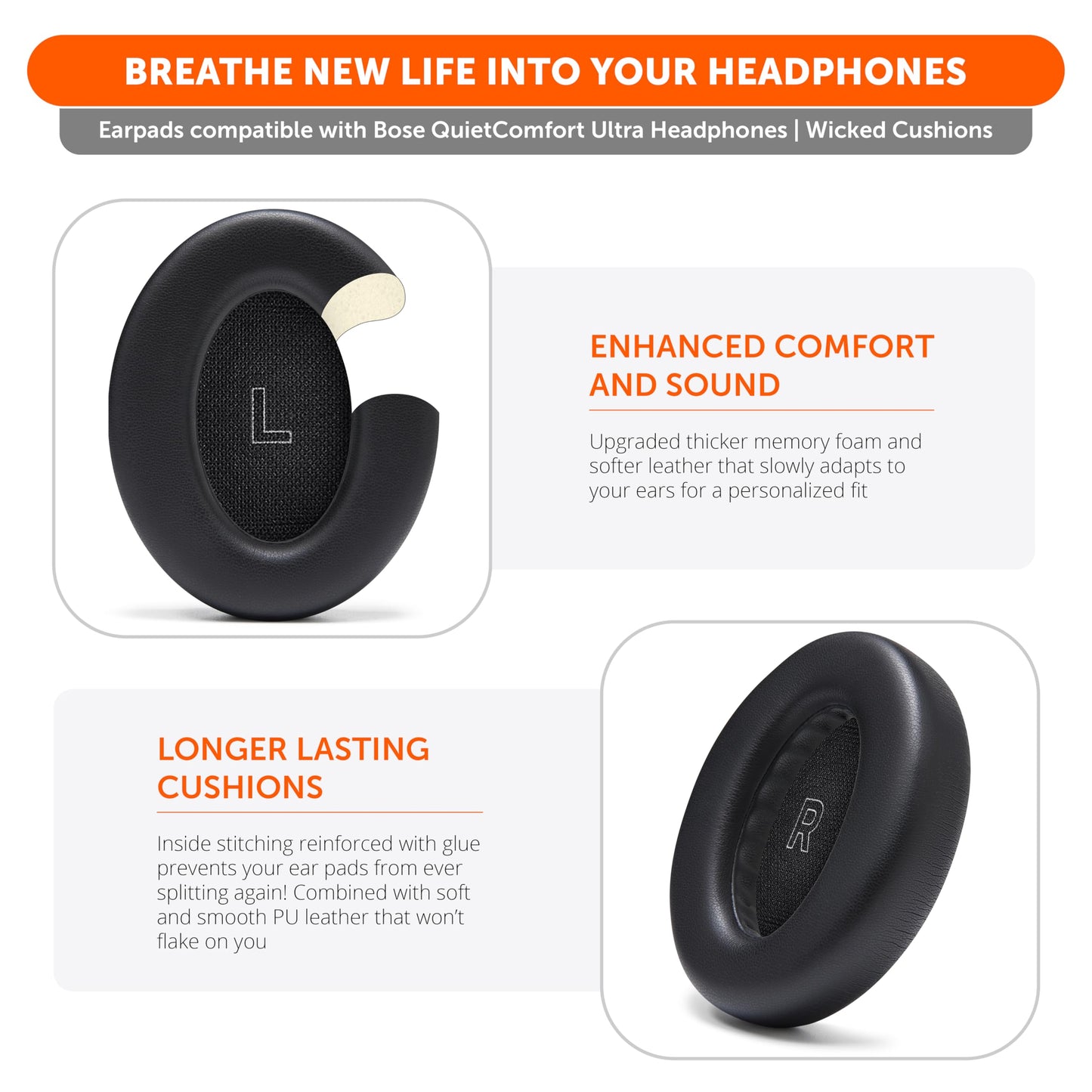 WC PadZ QC Ultra - Upgraded Replacement Earpads Compatible with Bose QuietComfort Ultra Gen 1 & Gen 2 by Wicked Cushions | Enhanced Comfort, Thickness
