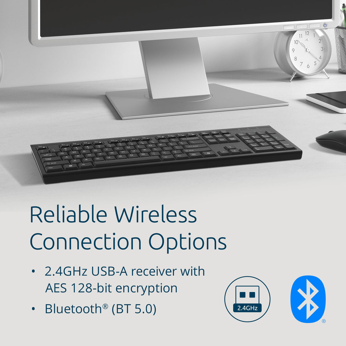 Kensington KB270 EQ Wireless Rechargeable Keyboard, Full-Size, Spill-Proof, 2.4GHz & Bluetooth 5.0 Connection, Compatible with Windows and MacOS