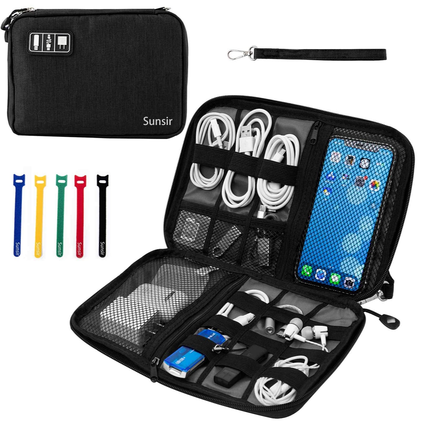 Sunsir Travel Cable Organizer Bag Waterproof Portable Electronic Accessories Organizer for USB Cable Cord Phone Charger Headset Wire SD Card with 5pcs