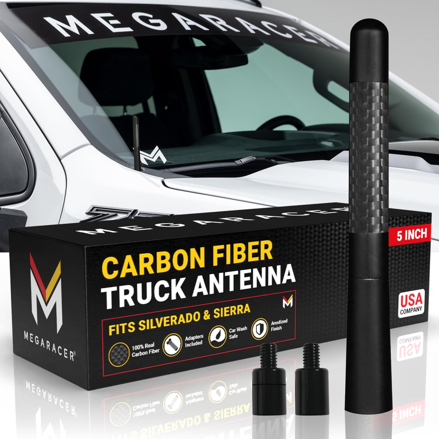 Anodized 5" Short Black Carbon Fiber Truck Antenna for Chevy Silverado & GMC Sierra 1500 2500 (1999-2026) - Billet Aluminum, UV & Chip-Resistant, Car