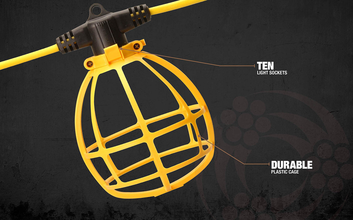 Southwire 7145SW Temporary String Light; 14/2 SJTW; 15-Amp Standard; Plastic Guard; Without Plug & Connector; 100-Foot;yellow