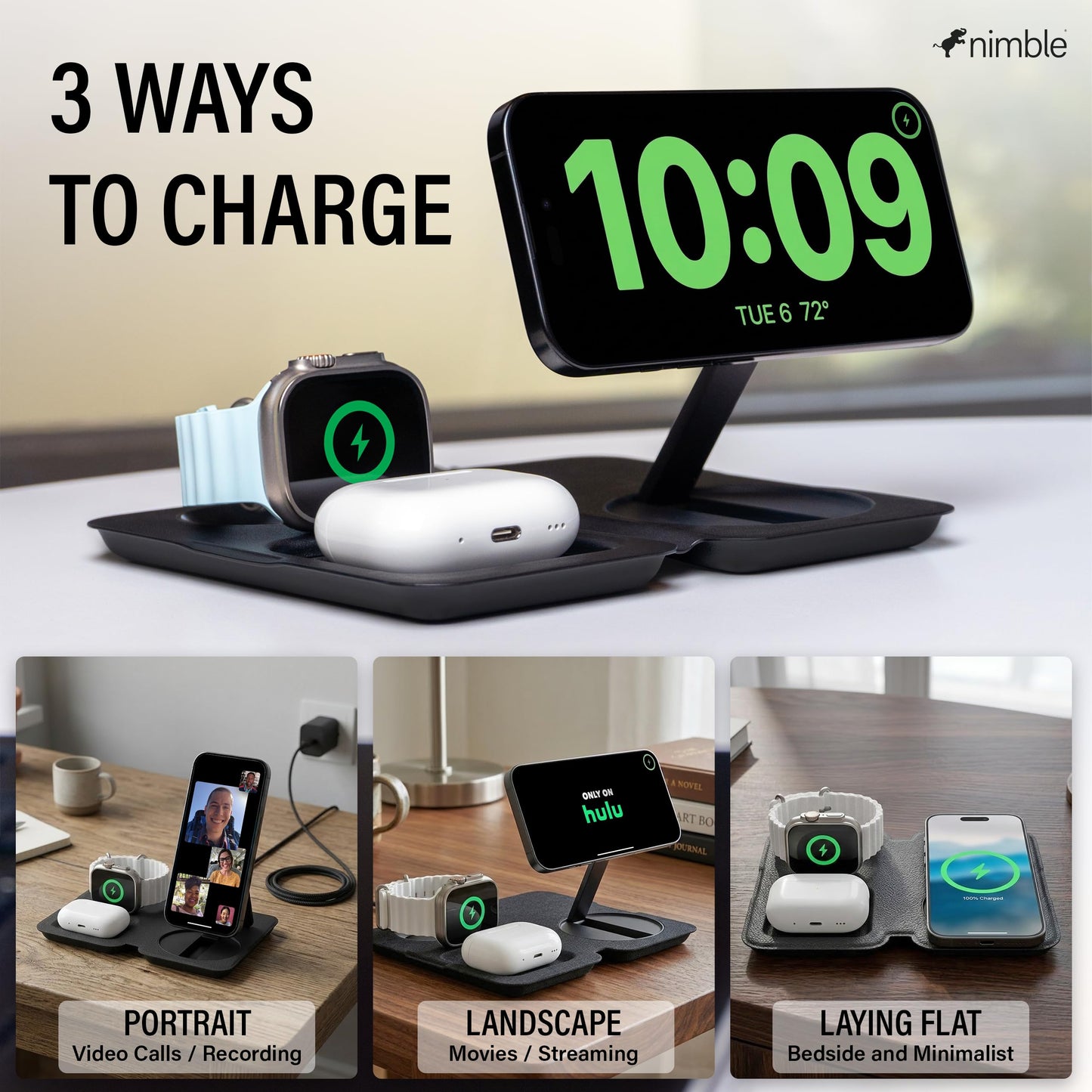 Nimble Fold 3-in-1 Wireless Charging Station for iPhone & AirPods, MagSafe Compatible 15W Qi2 Charging Stand, Wireless Charger Dock for iPhone
