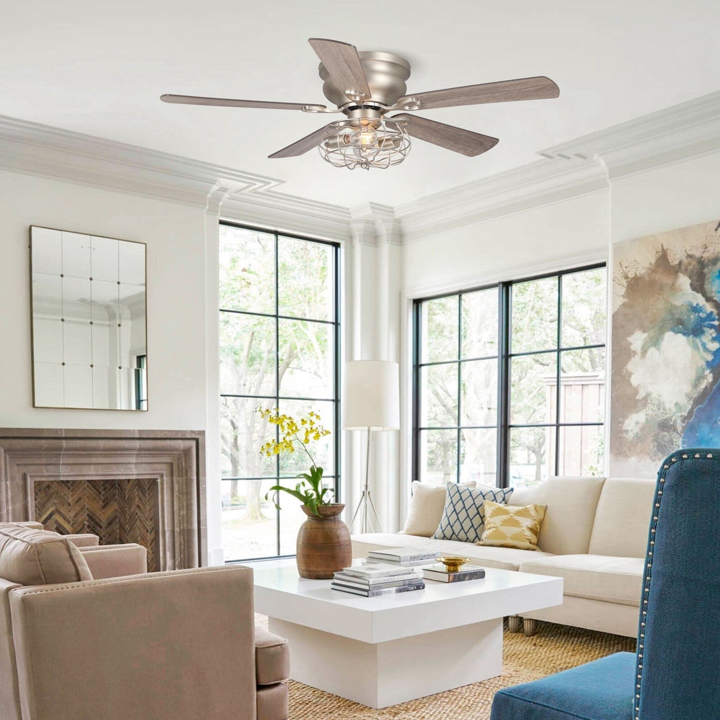 Unknown1 48" Wooden 5-Blade Low Profile Ceiling Fan with Remote Silver Industrial Mid-Century Modern Traditional Metal Wood Nickel Blades Included