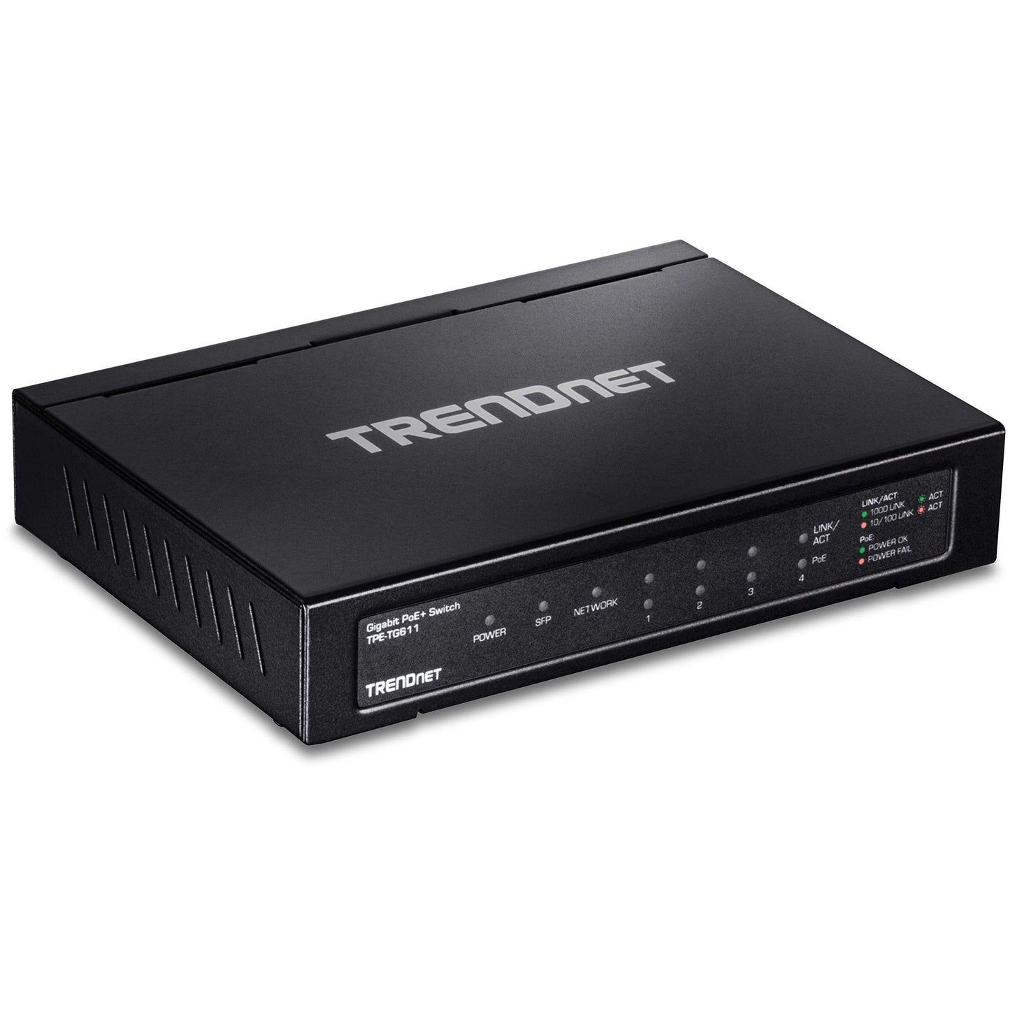 TRENDnet 6-port Gigabit Poe+ Switch, TPE-TG611, 4 X Gigabit Poe+ Ports, 1 X Gigabit Port, 1 X SFP Slot, Supports 100/1000Base-FX Fiber SFP Modules