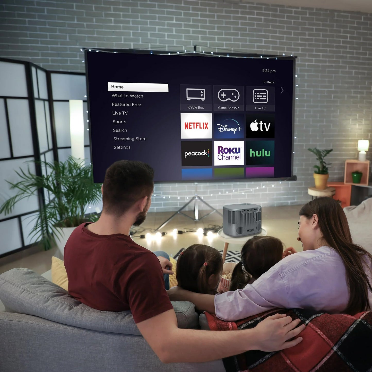 RCA 720P HD Smart Home Theater Projector intended for Roku Streaming device (included), 150 lumens, 3x HDMI ports (1080p supported), Projection 30-200
