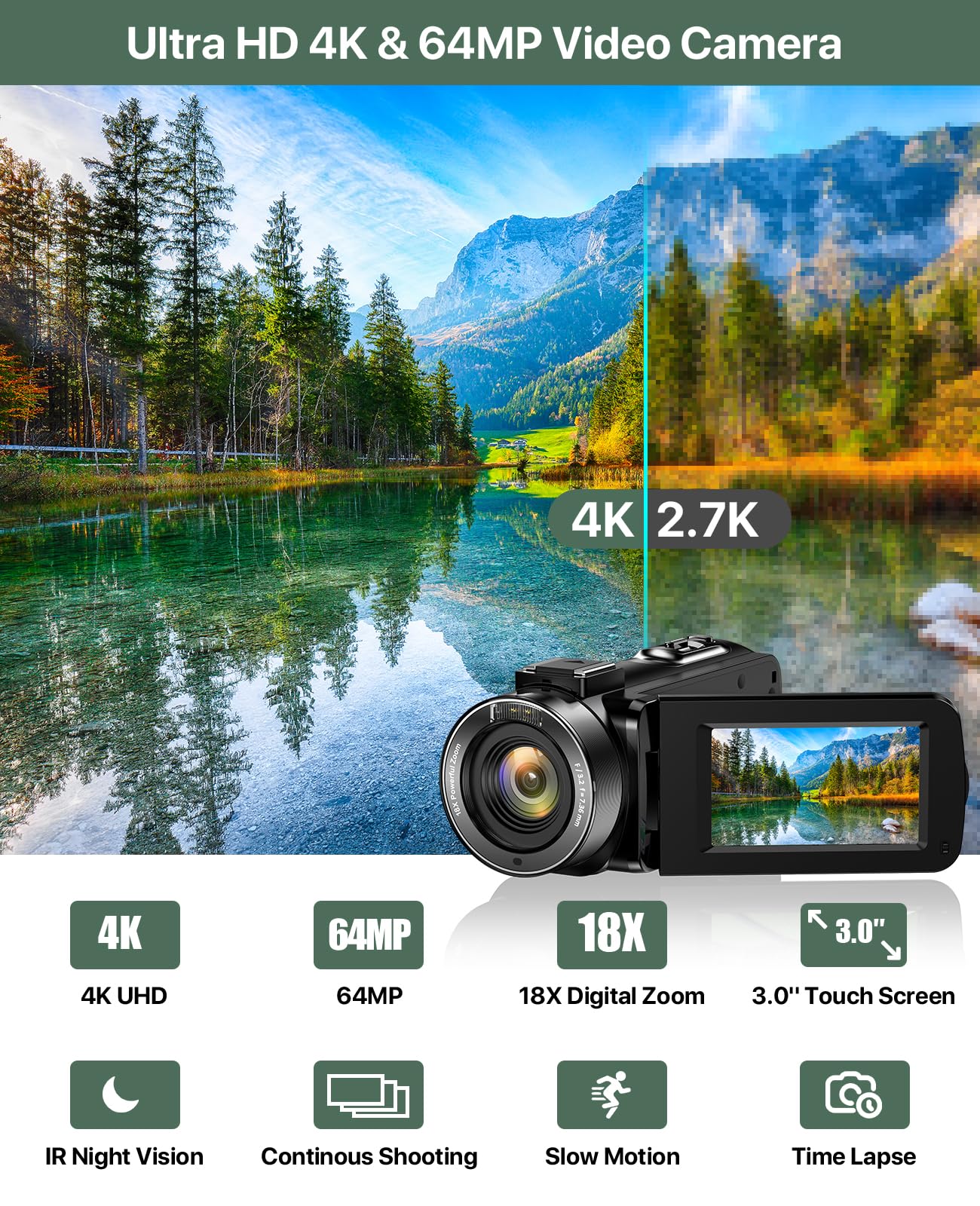 4K Video Camera Camcorder 64MP Vlogging Camera for YouTube 3.0" Touch Screen 18X Digital Zoom IR Night Vision with External Stereo