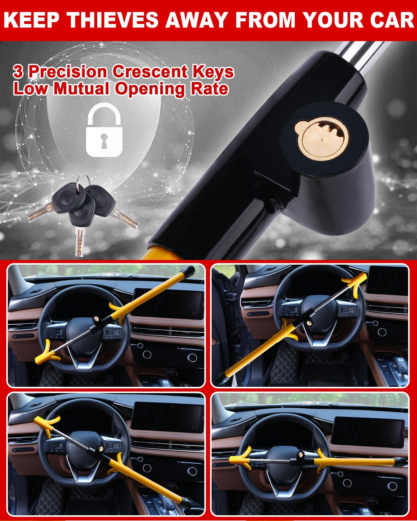 Tevlaphee Car Steering Wheel Lock Great Deterrent Adjustable Car Lock Steering Wheel Anti Theft Car Device for Vehicles,Trucks,Vans,SUVs (Yellow)