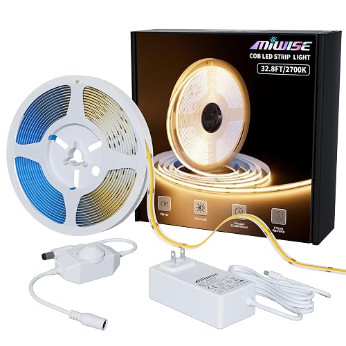 MIWISE COB LED Strip Light 32.8ft/10m,CRI 90+ Warm White 2700K High Lumen Dimmable Super Bright Flexible DC24V LED Tape Light
