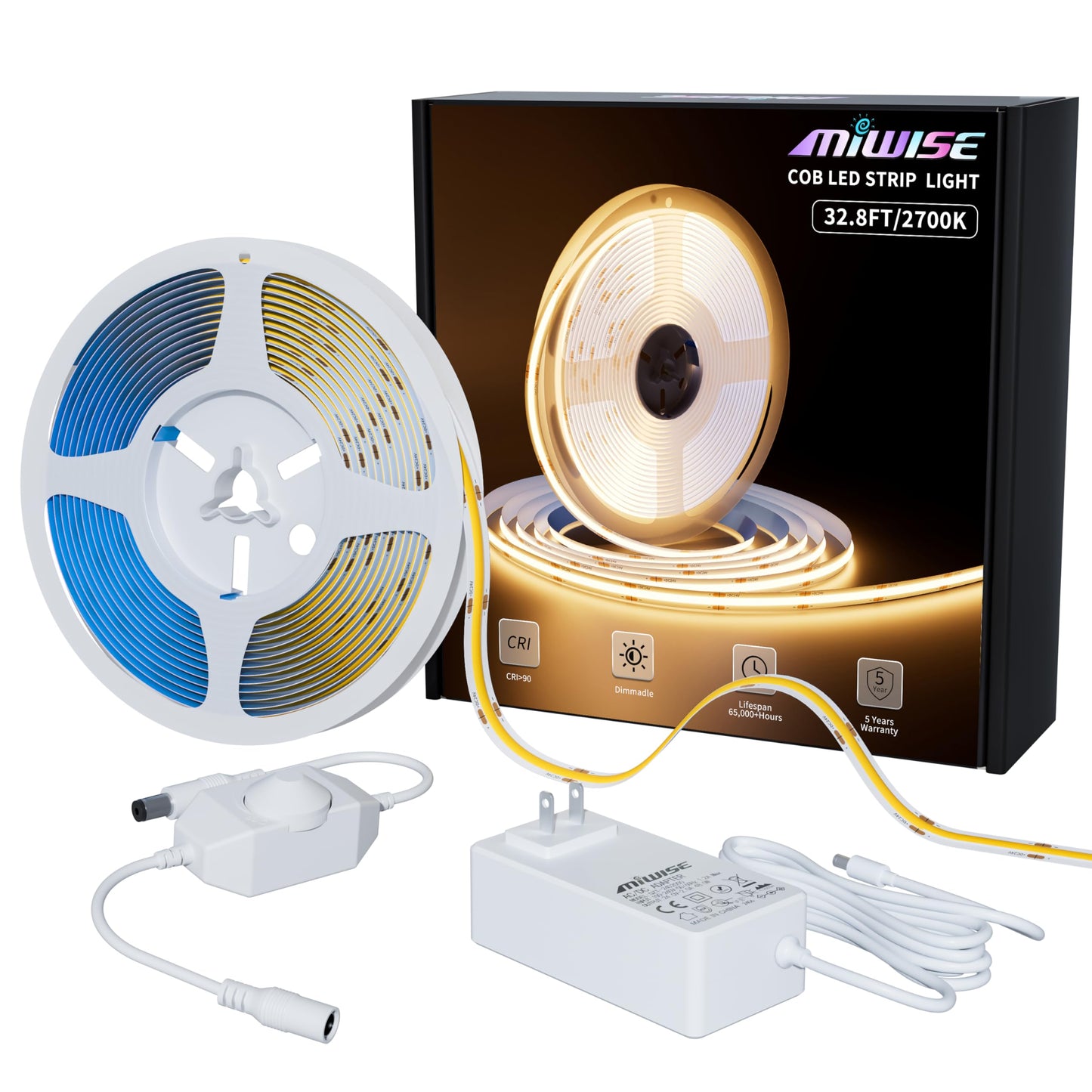 MIWISE COB LED Strip Light 32.8ft/10m,CRI 90+ Warm White 2700K High Lumen Dimmable Super Bright Flexible DC24V LED Tape Light