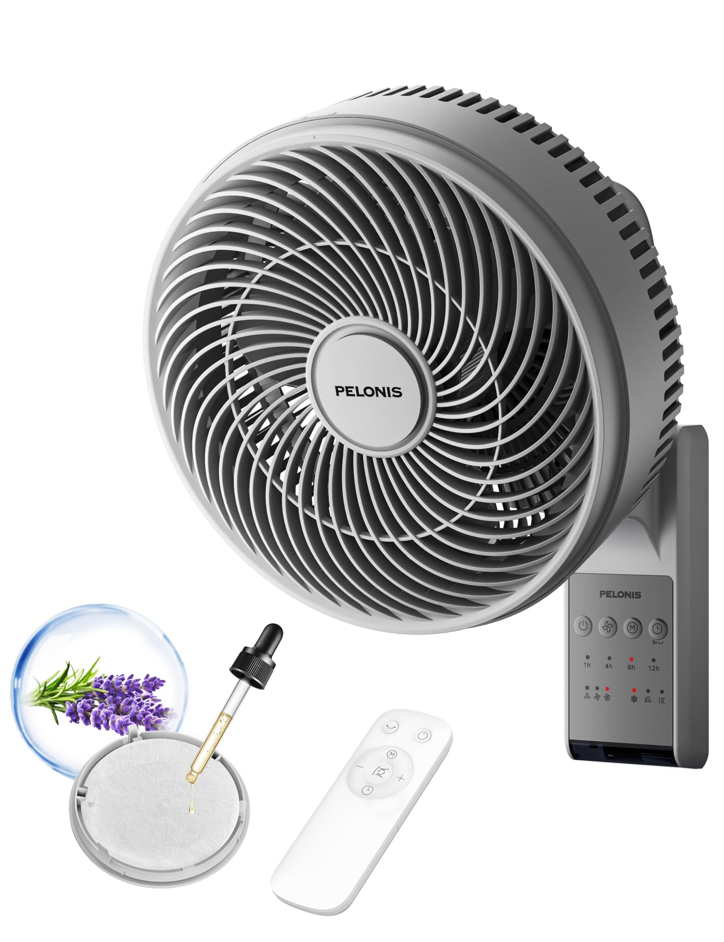 PELONIS 12 inch Indoor Oscillating Wall Mount Fan with Remote, Grey