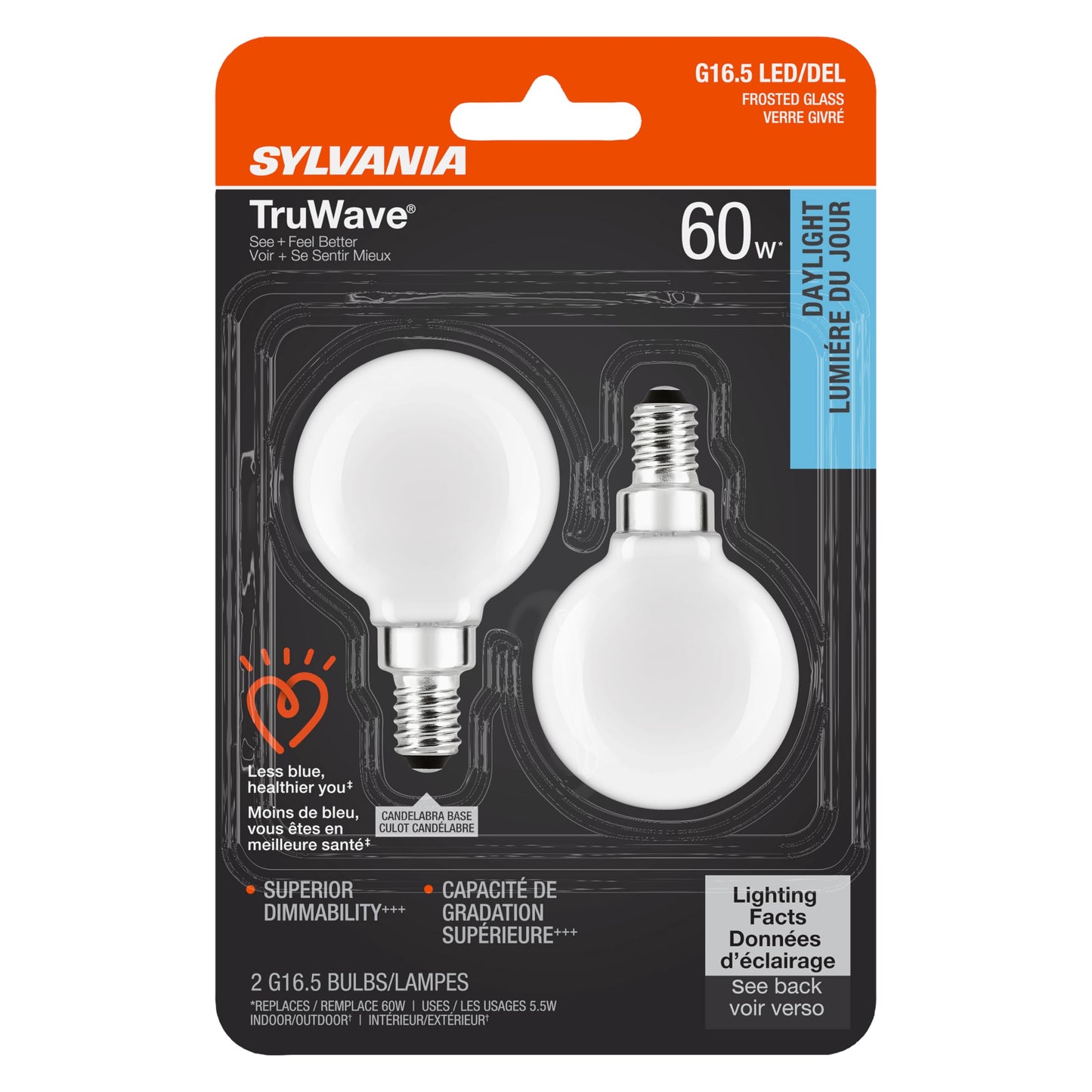 Sylvania LED TruWave Natural Series Décor G16.5 Light Bulb, 60W Equivalent Efficient 5.5W, Candelabra Base, Dimmable, Frosted, 5000K, Daylight - 2